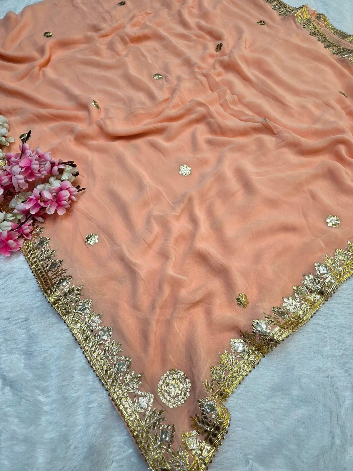 CA1566C Rajasthani Special Gota patti Work Georgette Saree - Peach