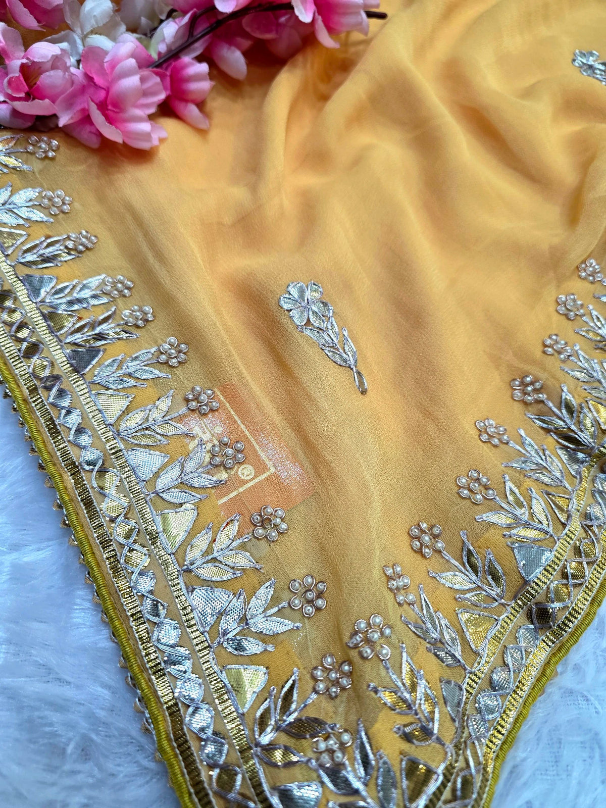 CA1567E Rajasthani Special Gota patti Work Georgette Saree - Yellow