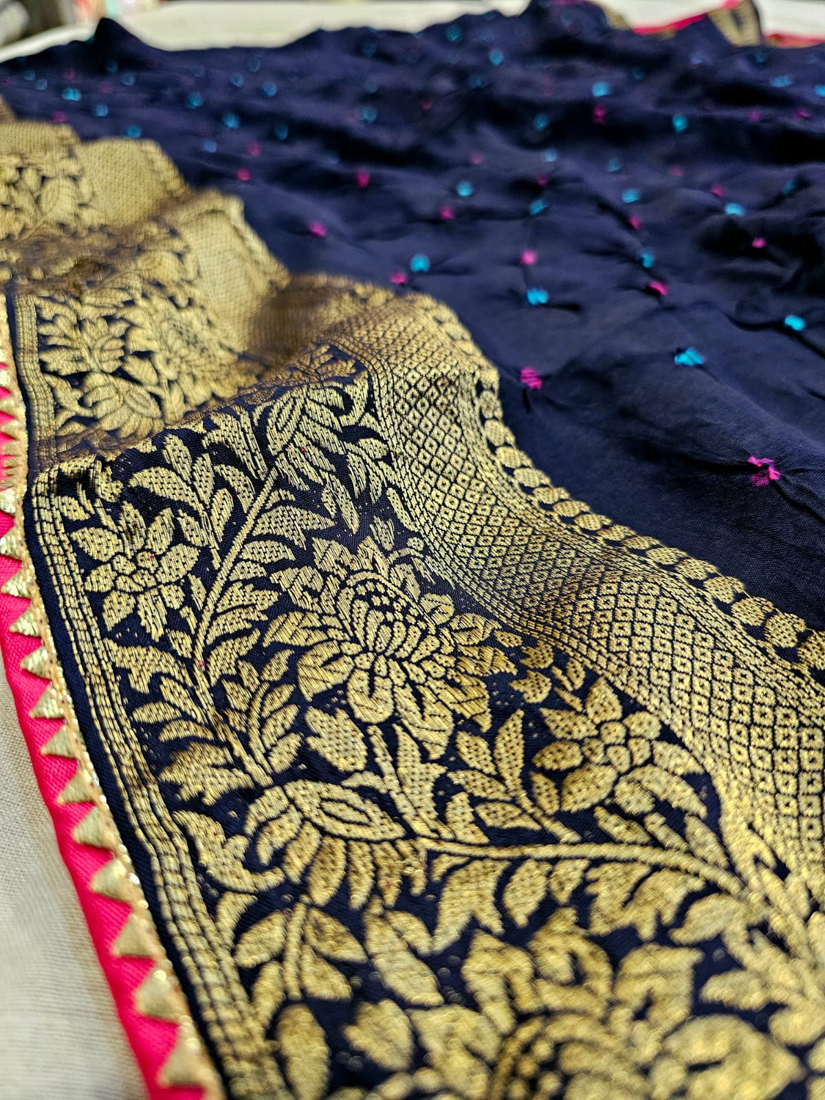 780018 Original Rajasthani Hand Bandhani Saree with Zari Work (711001) - Navy