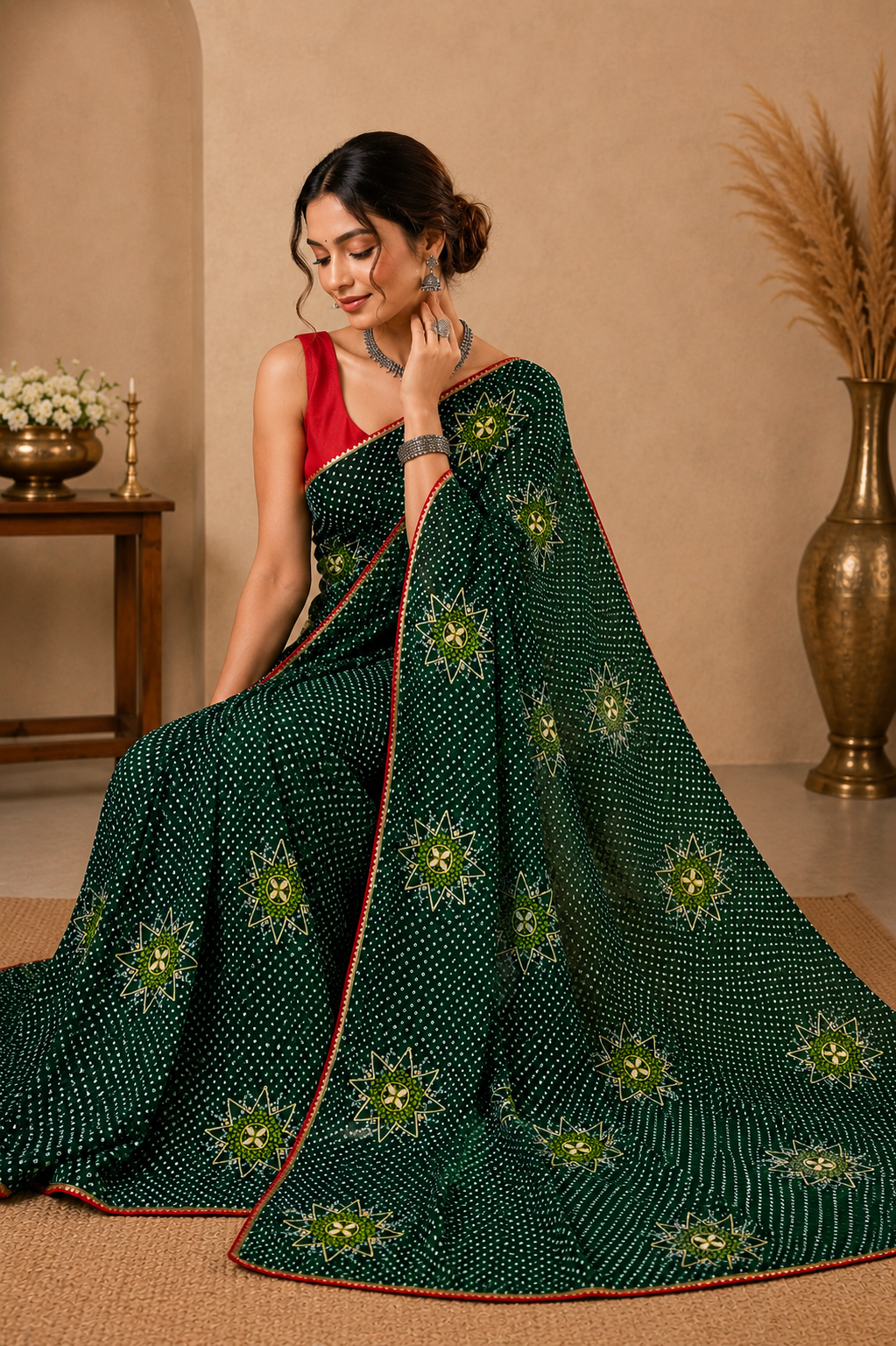 12475 Pure Chiffon Bandhani Saree with Gotapatti Work - Green