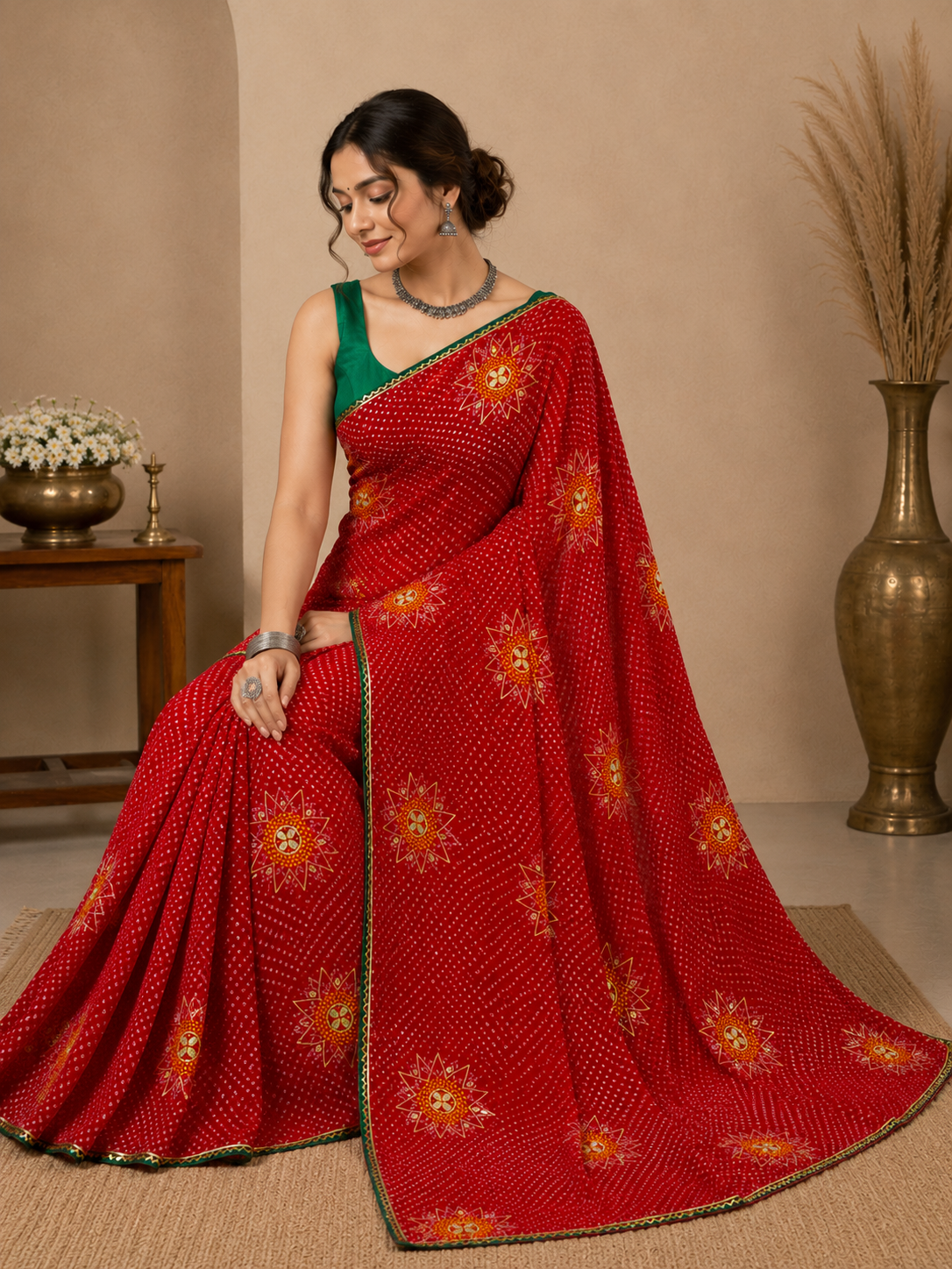 12475 Pure Chiffon Bandhani Saree with Gotapatti Work - Red