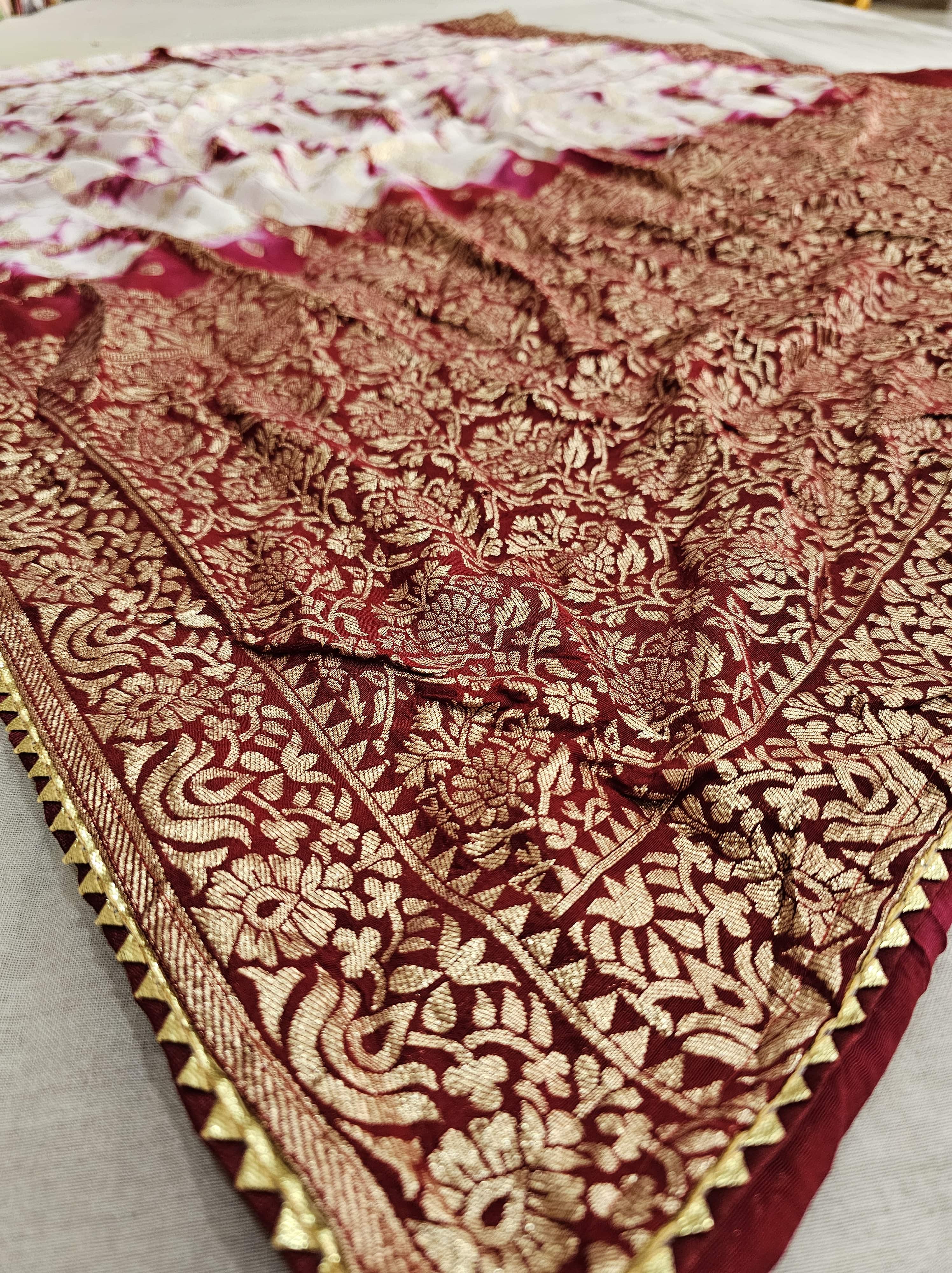 555004 Rajasthani Shibori Soft Silk Saree With Zari Weaving and Contrast Blouse - Maroon