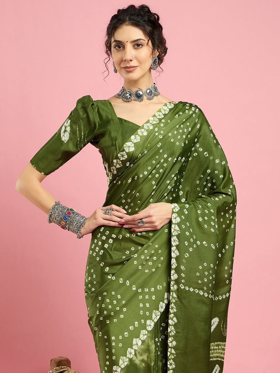2044 Traditional Bandhani with Shibori Print Soft Satin Silk Saree - LIGHT GREEN