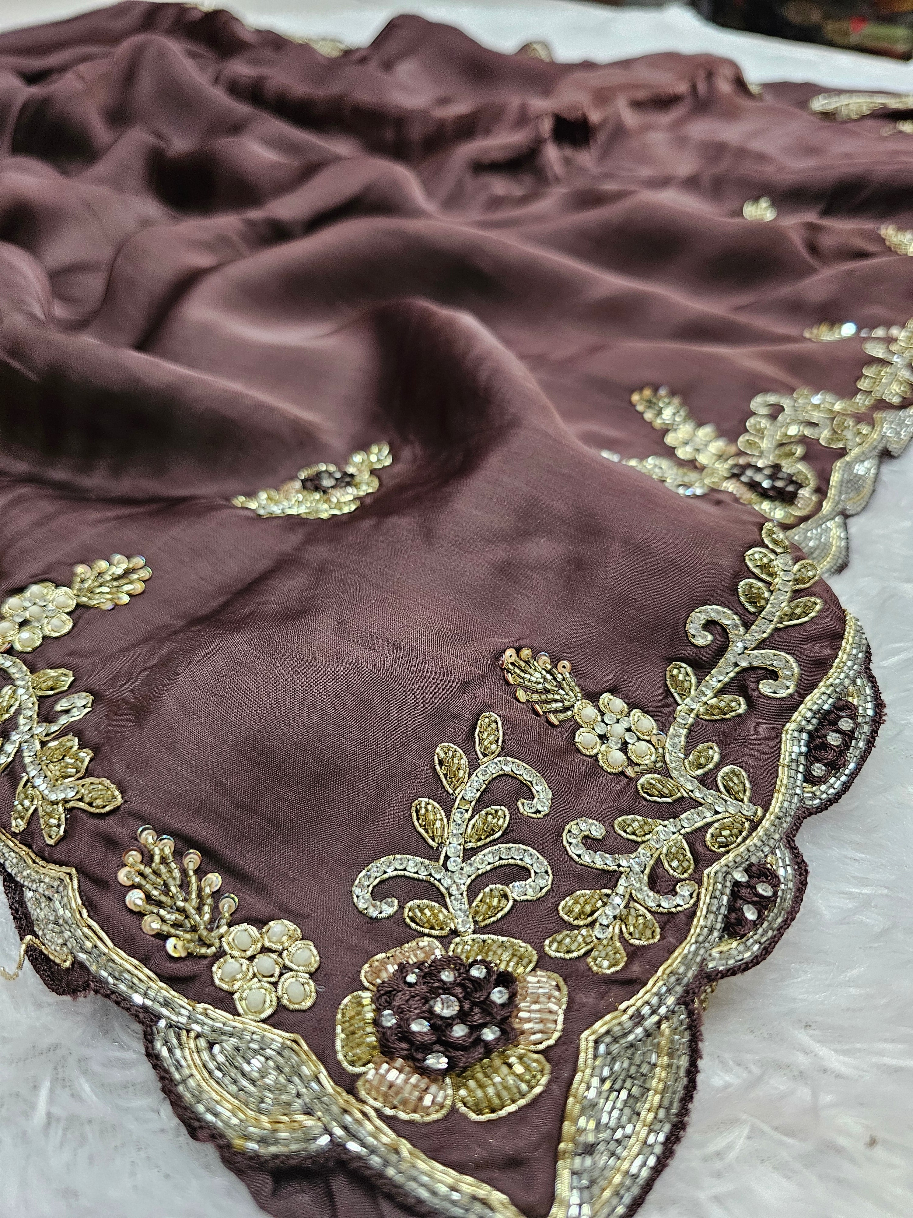 815005 Pure Crepe Silk Designer Cutdana Work Brown Color Saree