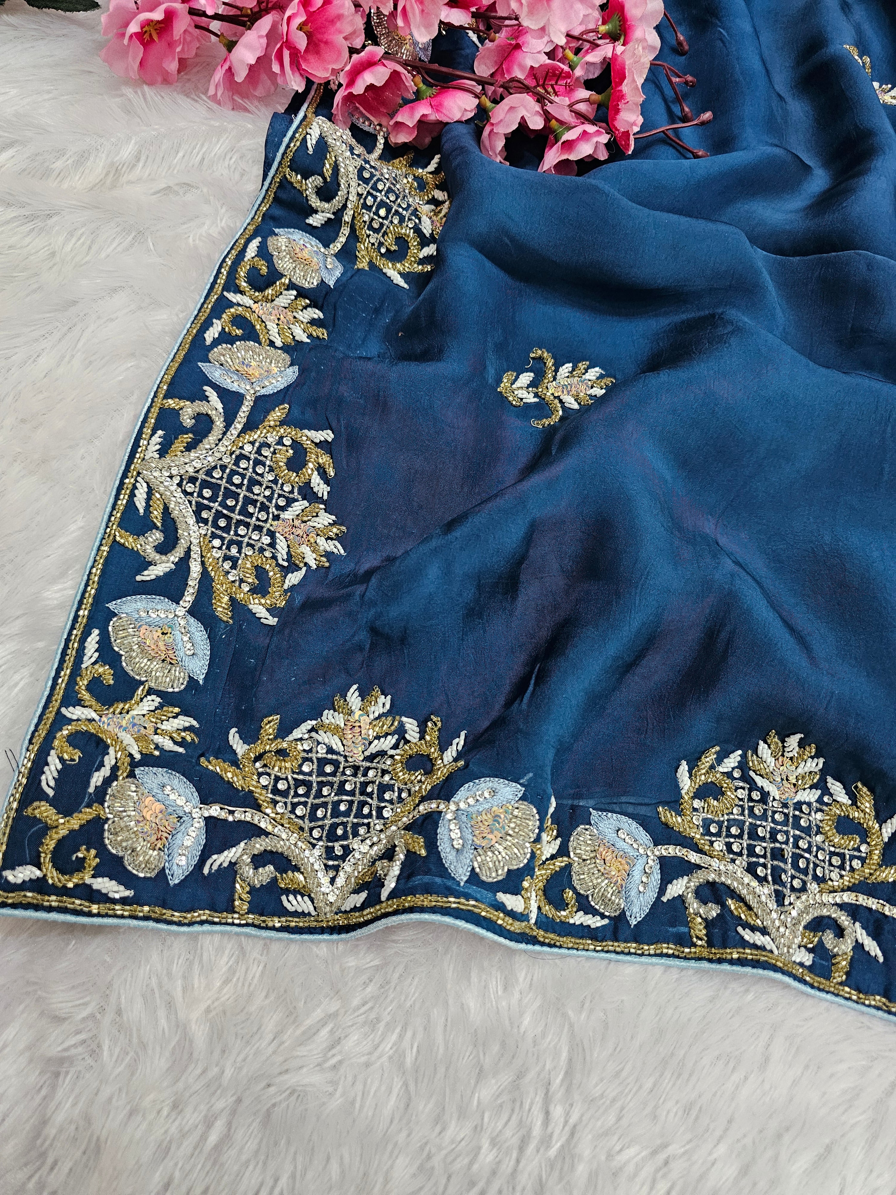 815003 Pure Soft Organza Silk Designer Cutdana Work Blue Color Saree