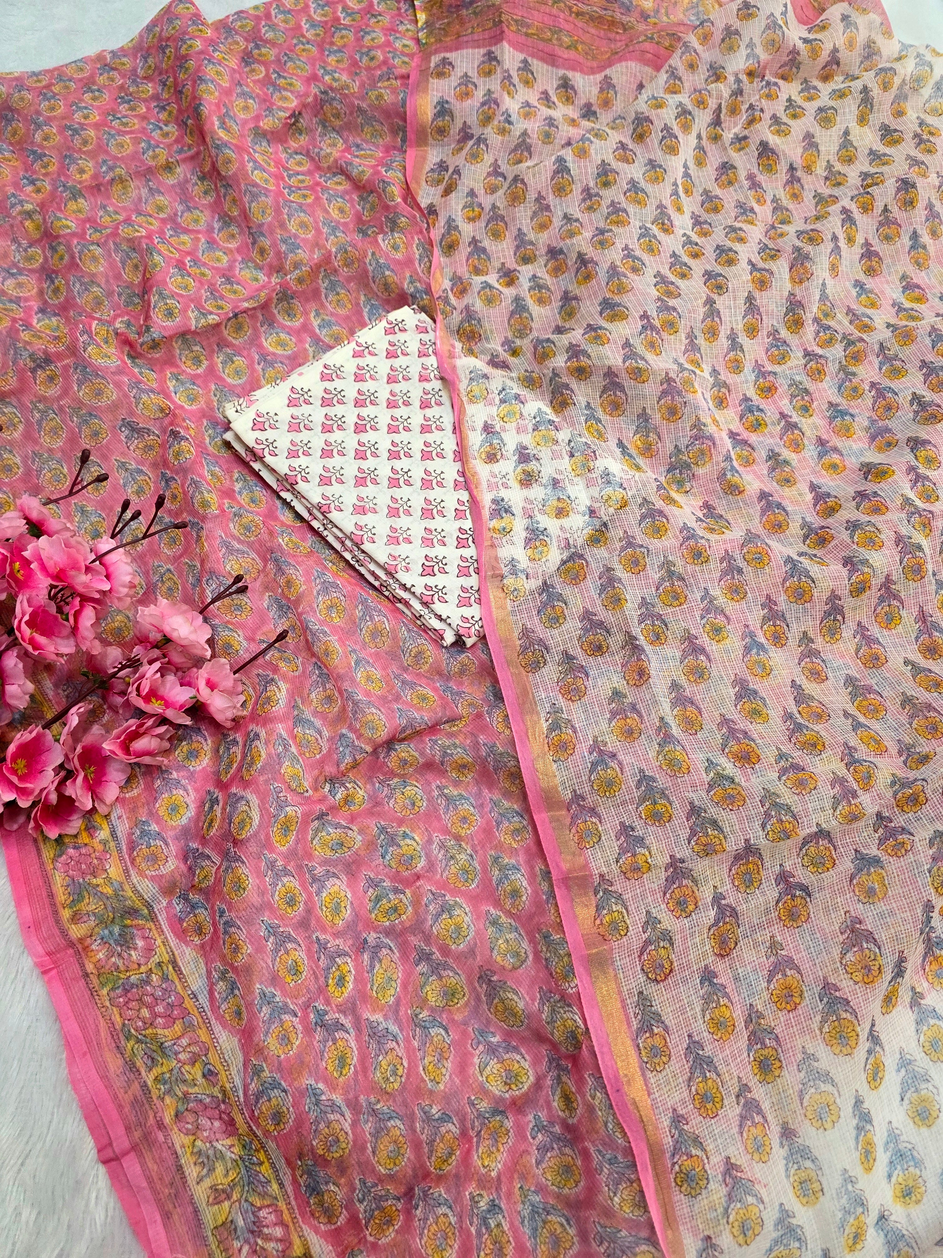 812005 Pure Kota Doria Cotton Handmade Printed Unstitched Suit