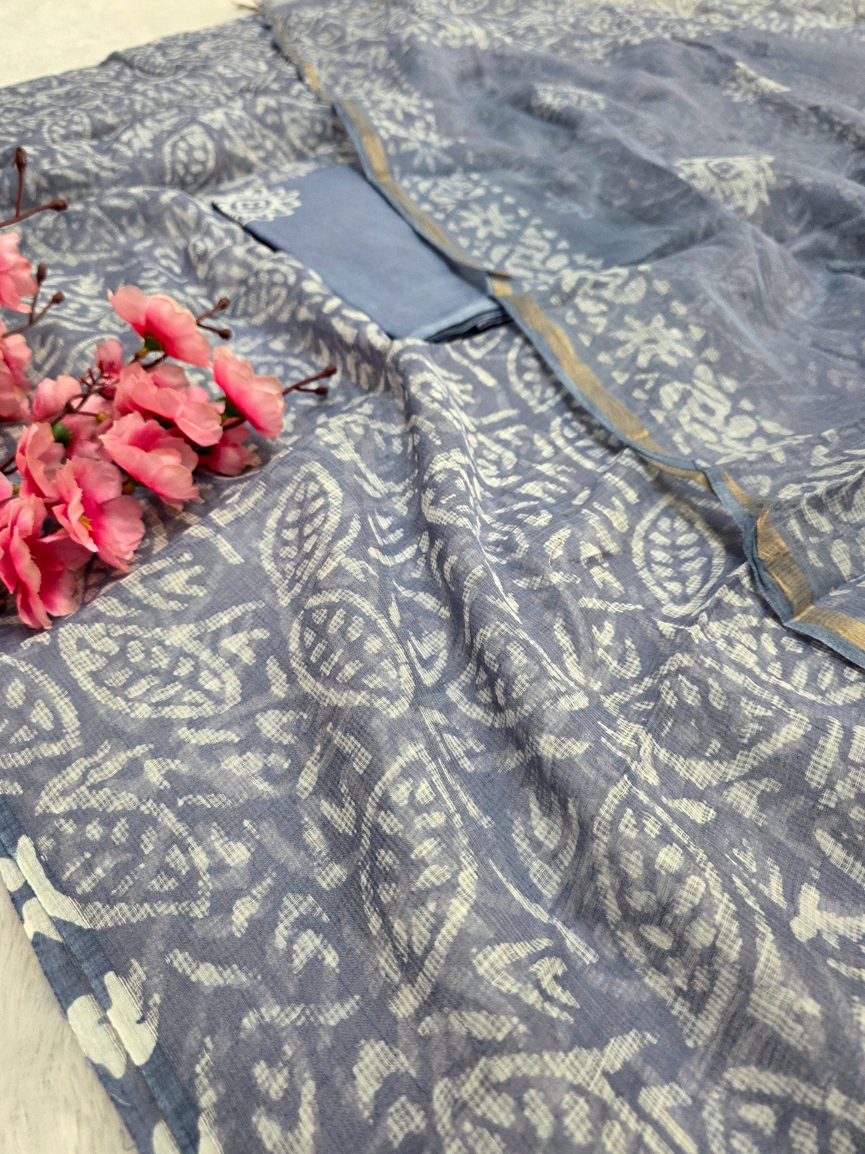 812006 Pure Kota Doria Cotton Handmade Printed Unstitched Suit