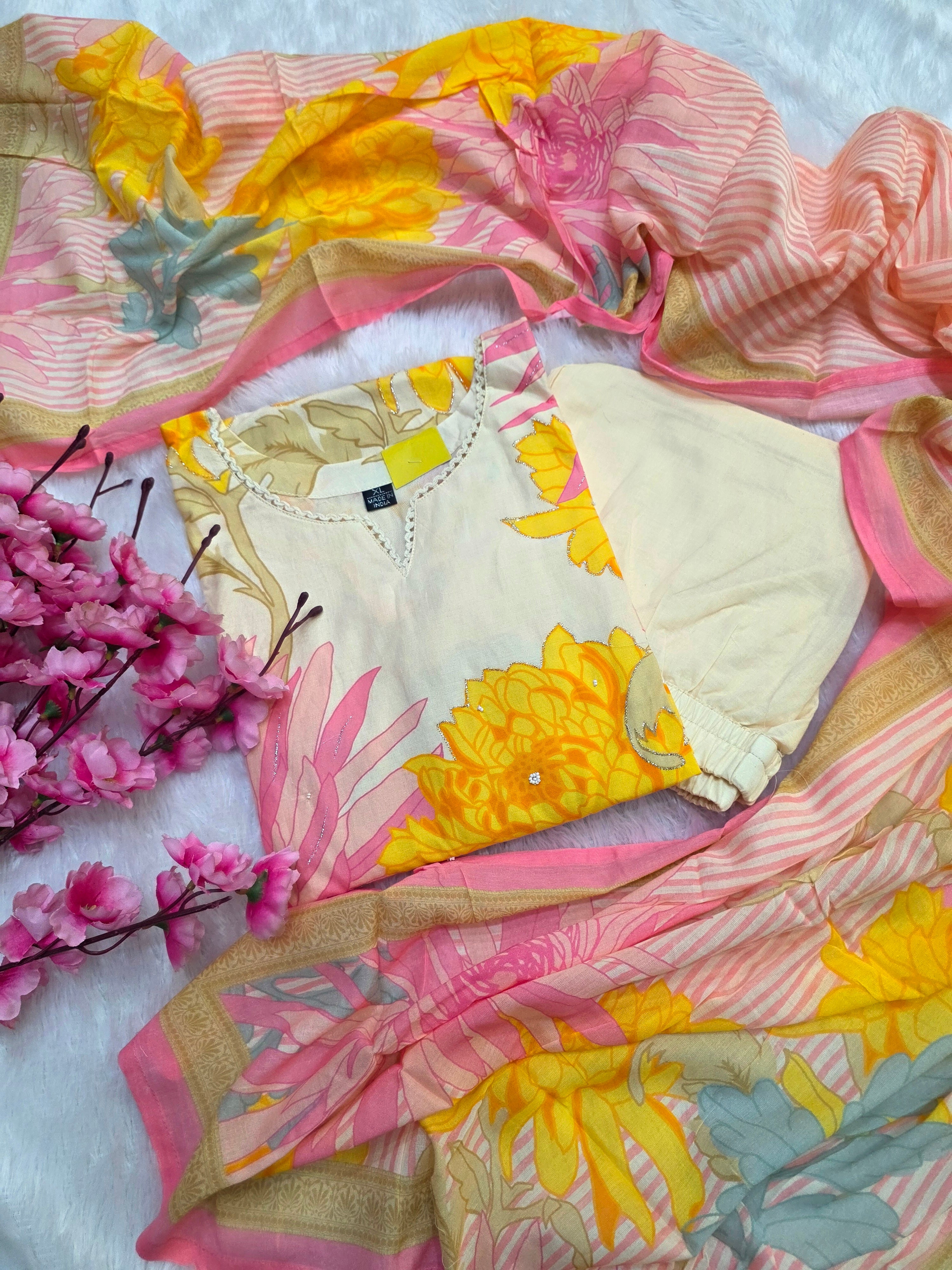 889002 Pure Rich Soft Cotton Flower Design Kurti With Zari Embroidery and Dupatta Pant Set 12163