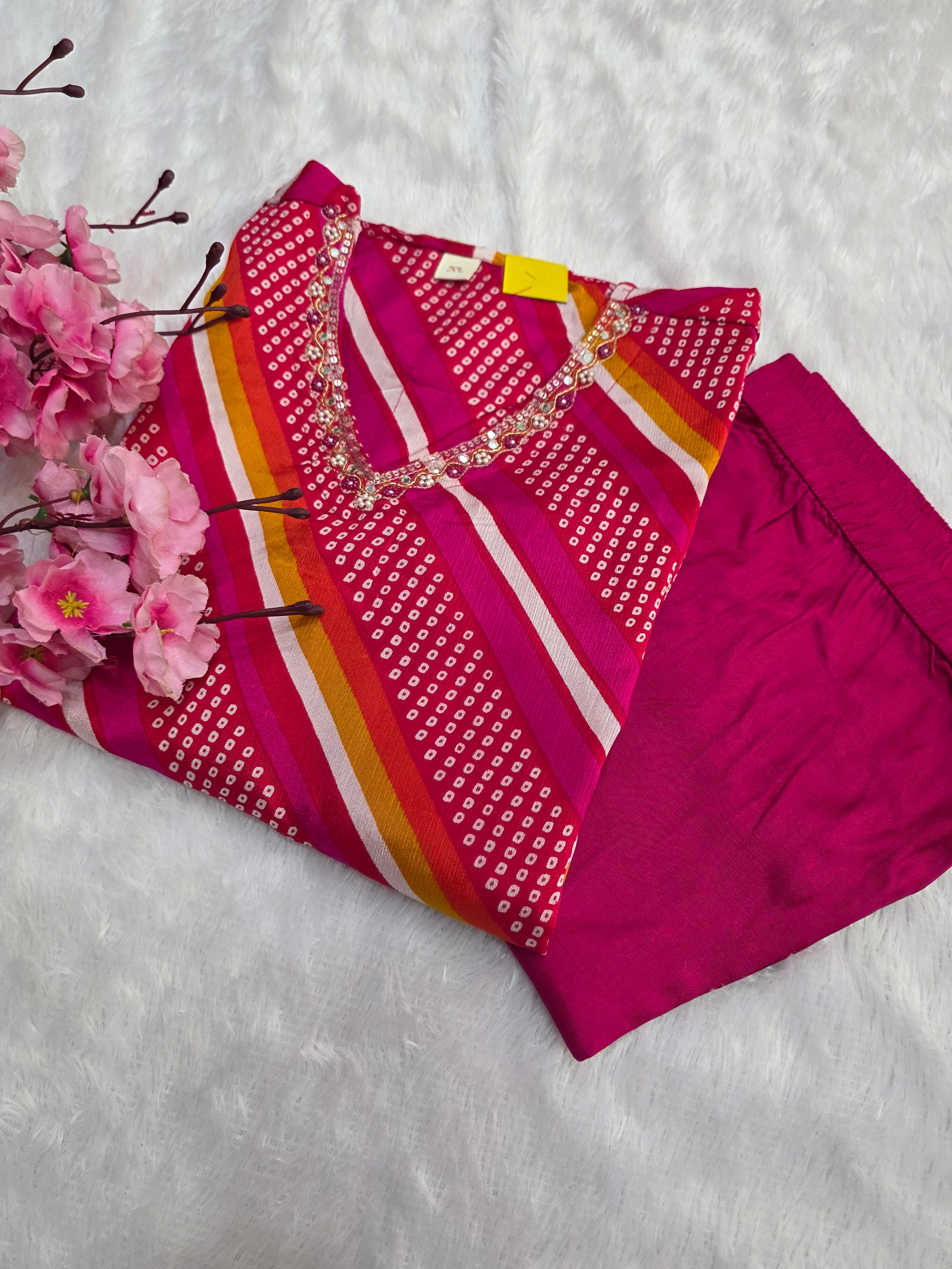 12152 Traditional Lehriya Pure Chinon Silk Kurti With Pant