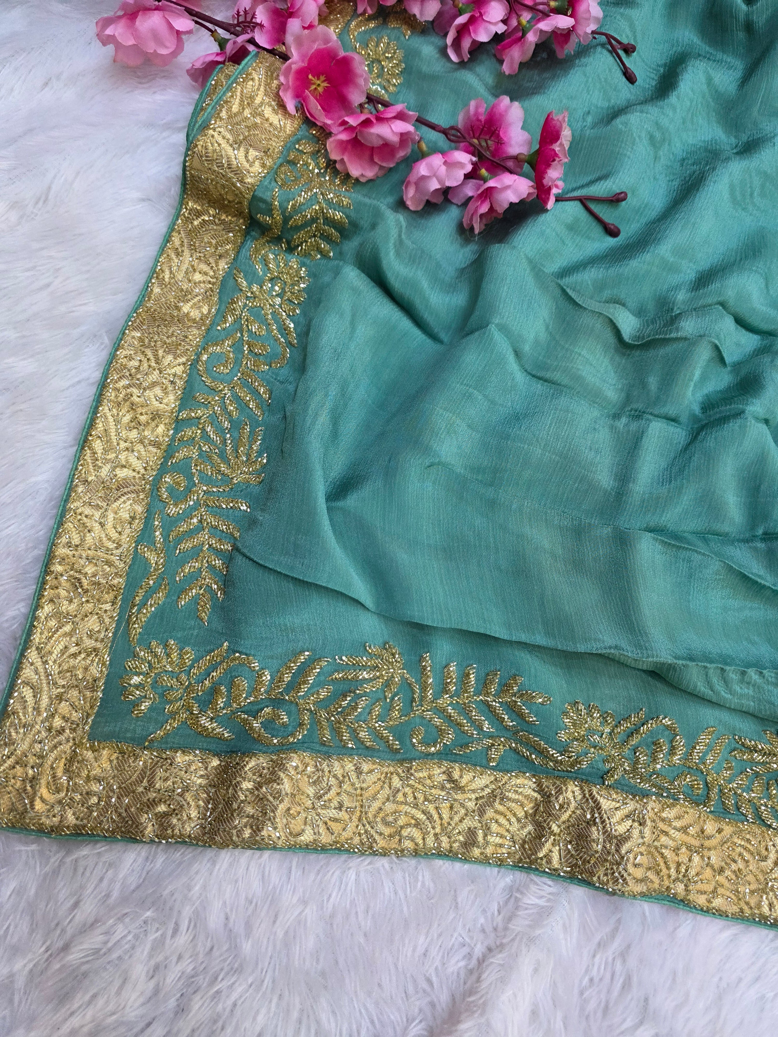 828009 Exclusive Designer Green Saree with Heavy Cutdana Work Border (142001)