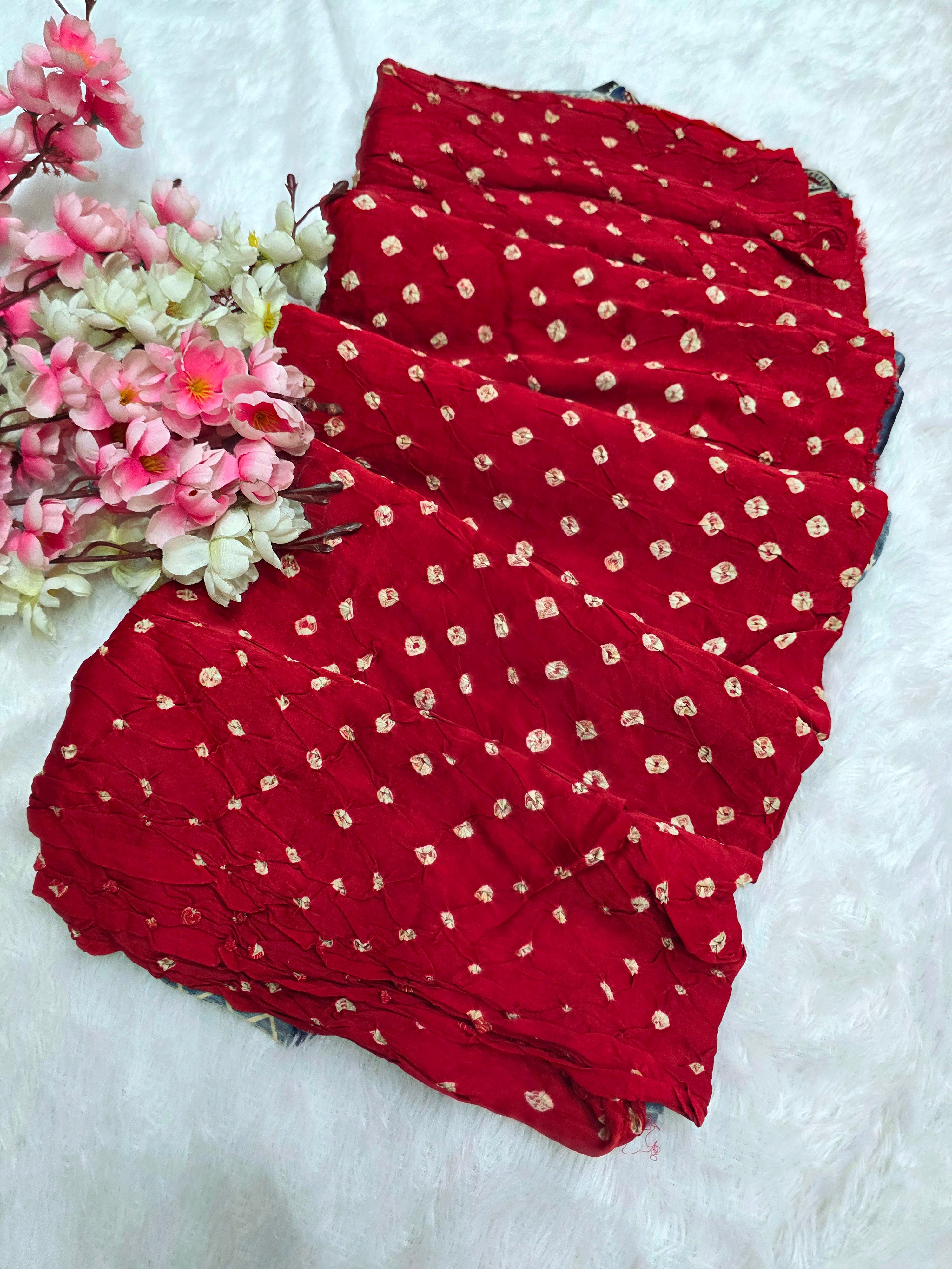 143001 Modal Silk Ajrakh Saree with Hand Bandhani - Red