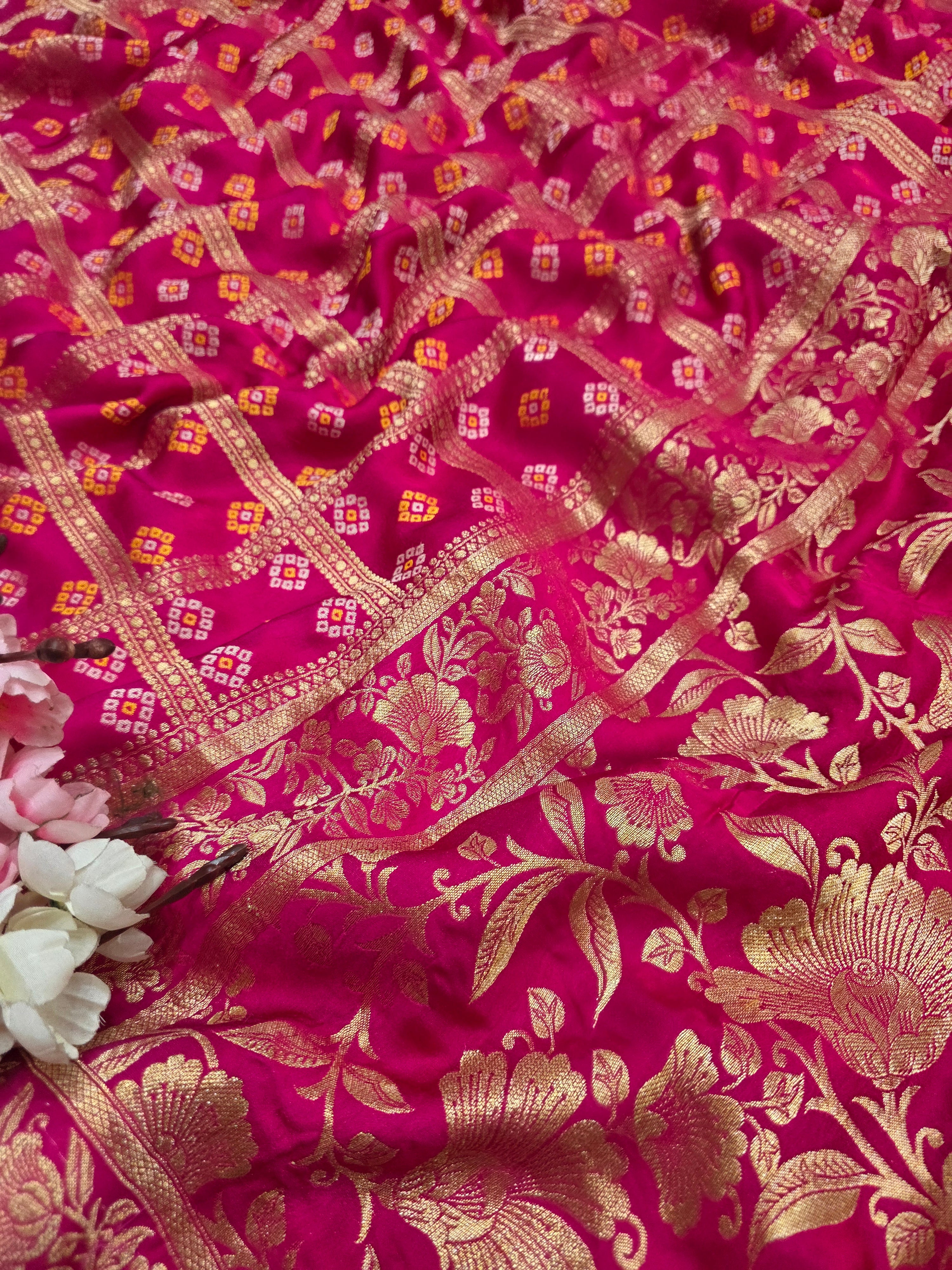 127004 Pure Gajji Silk Bandhani Saree With Banarasi Zari Work All Over