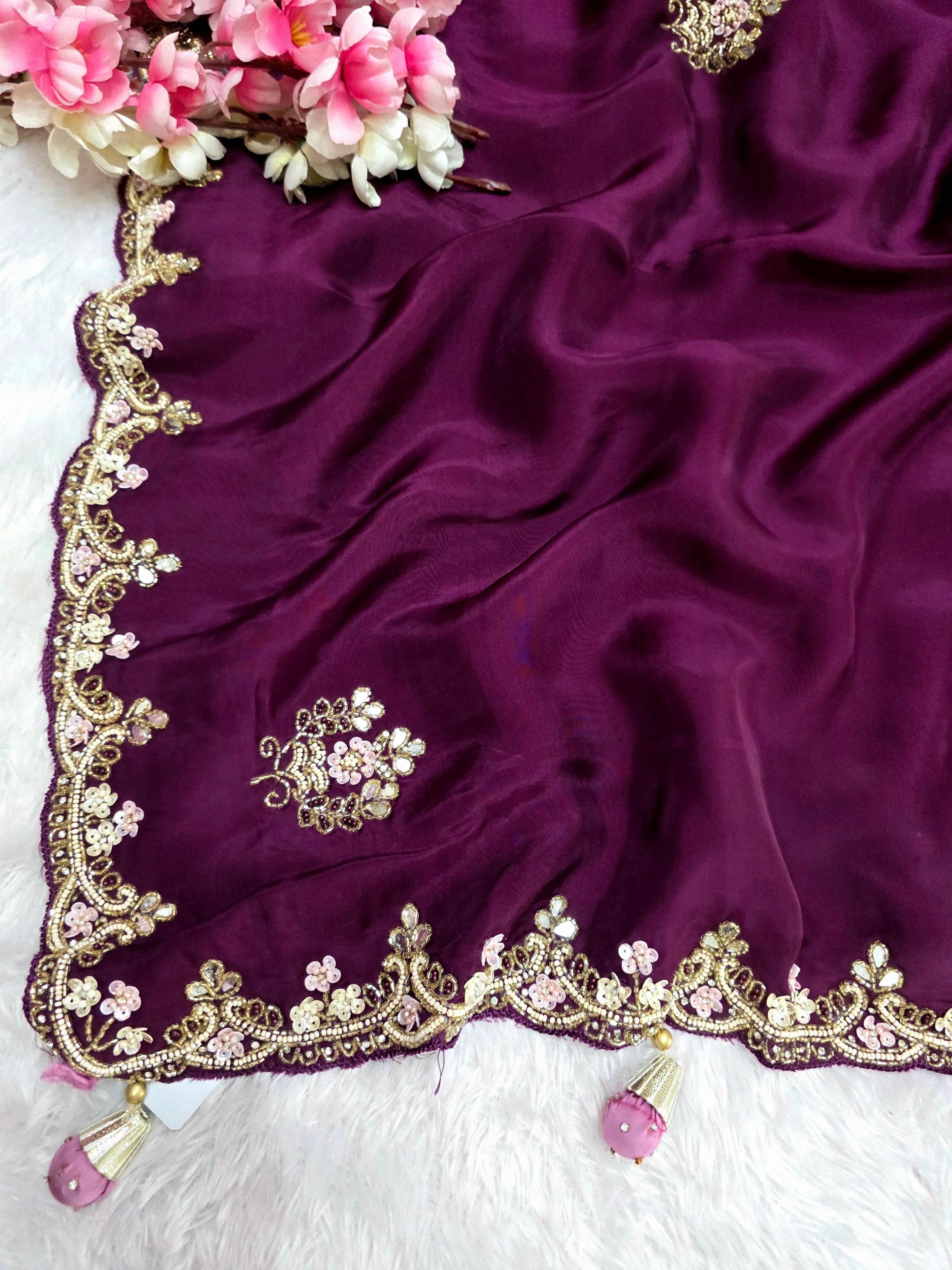 909003 Pure Crepe Silk Party Wear Saree With Premium Handwork 1700