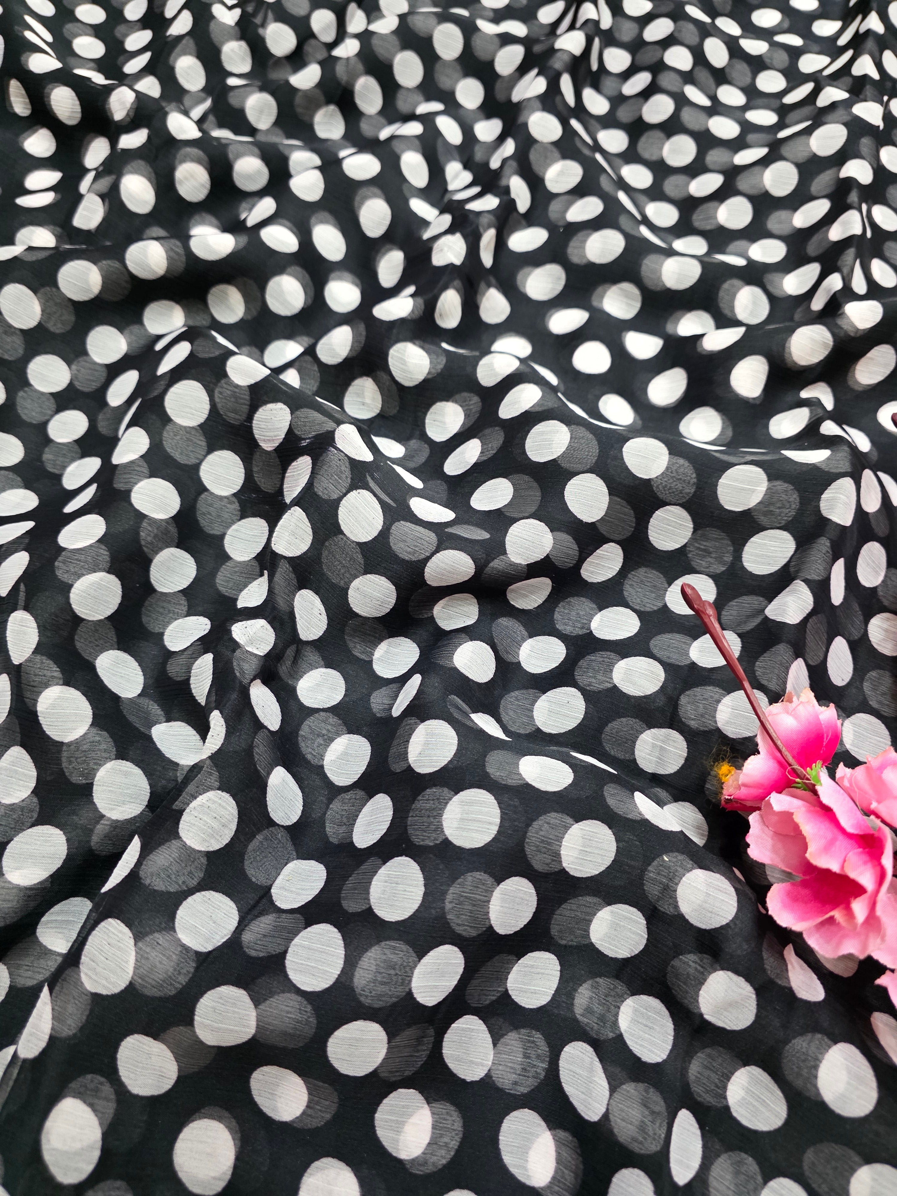 845003 Lightweight Elegant Semi Chiffon Polki Dot Print Saree - Black White