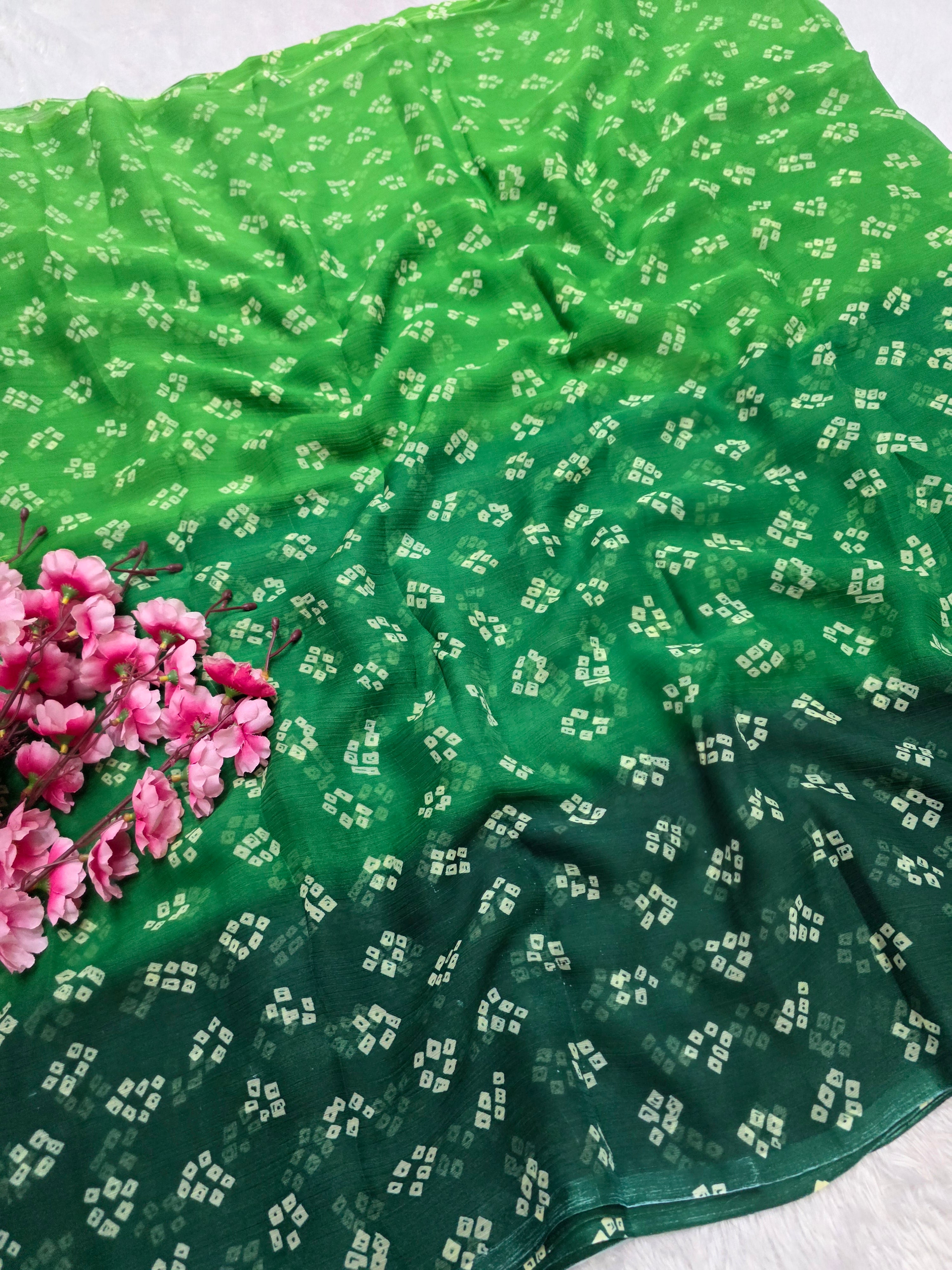 845007 Lightweight Elegant Semi Chiffon Bandhani Print Shaded Saree - Light Green