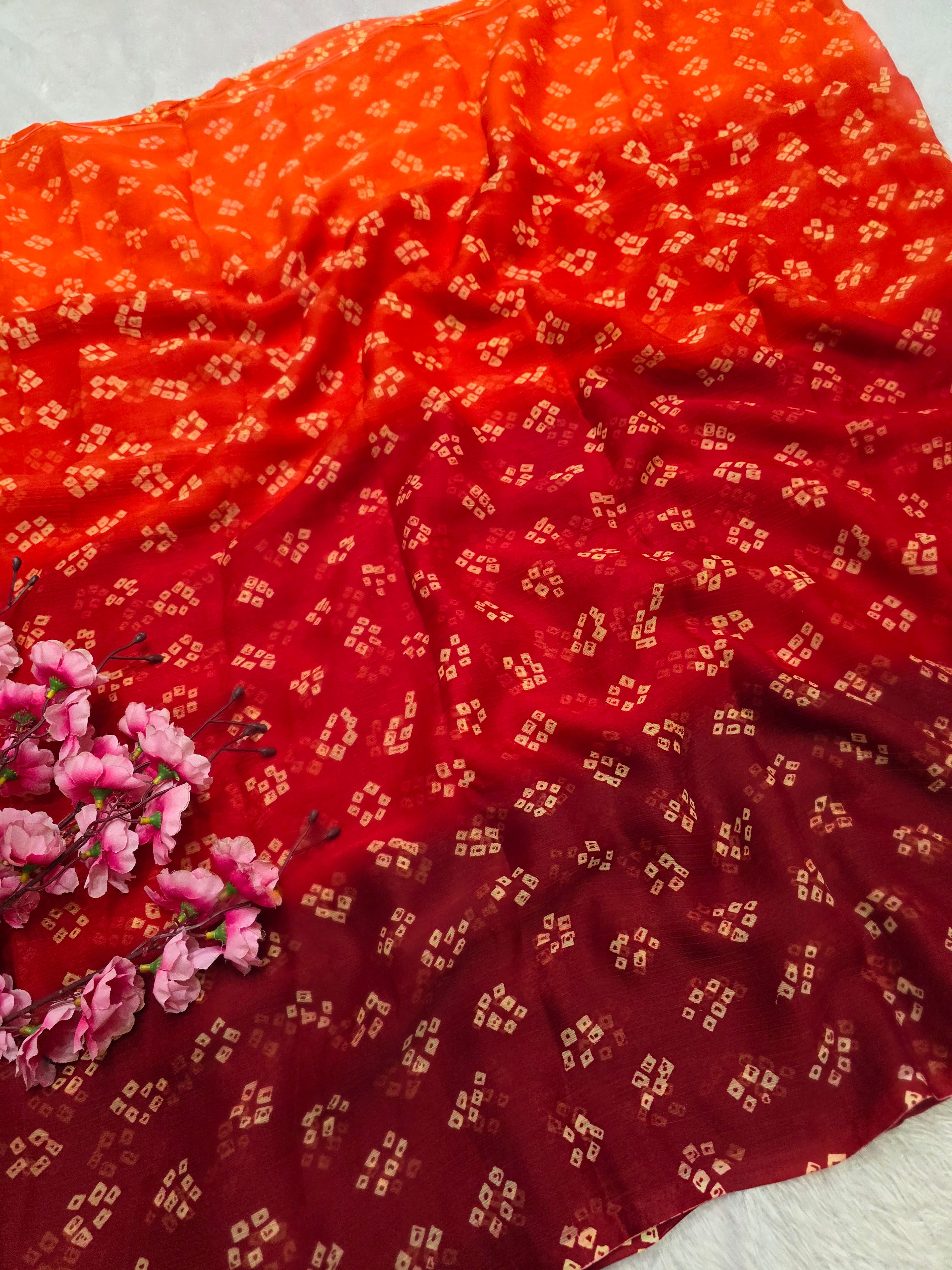 845007 Lightweight Elegant Semi Chiffon Bandhani Print Shaded Saree - Orange