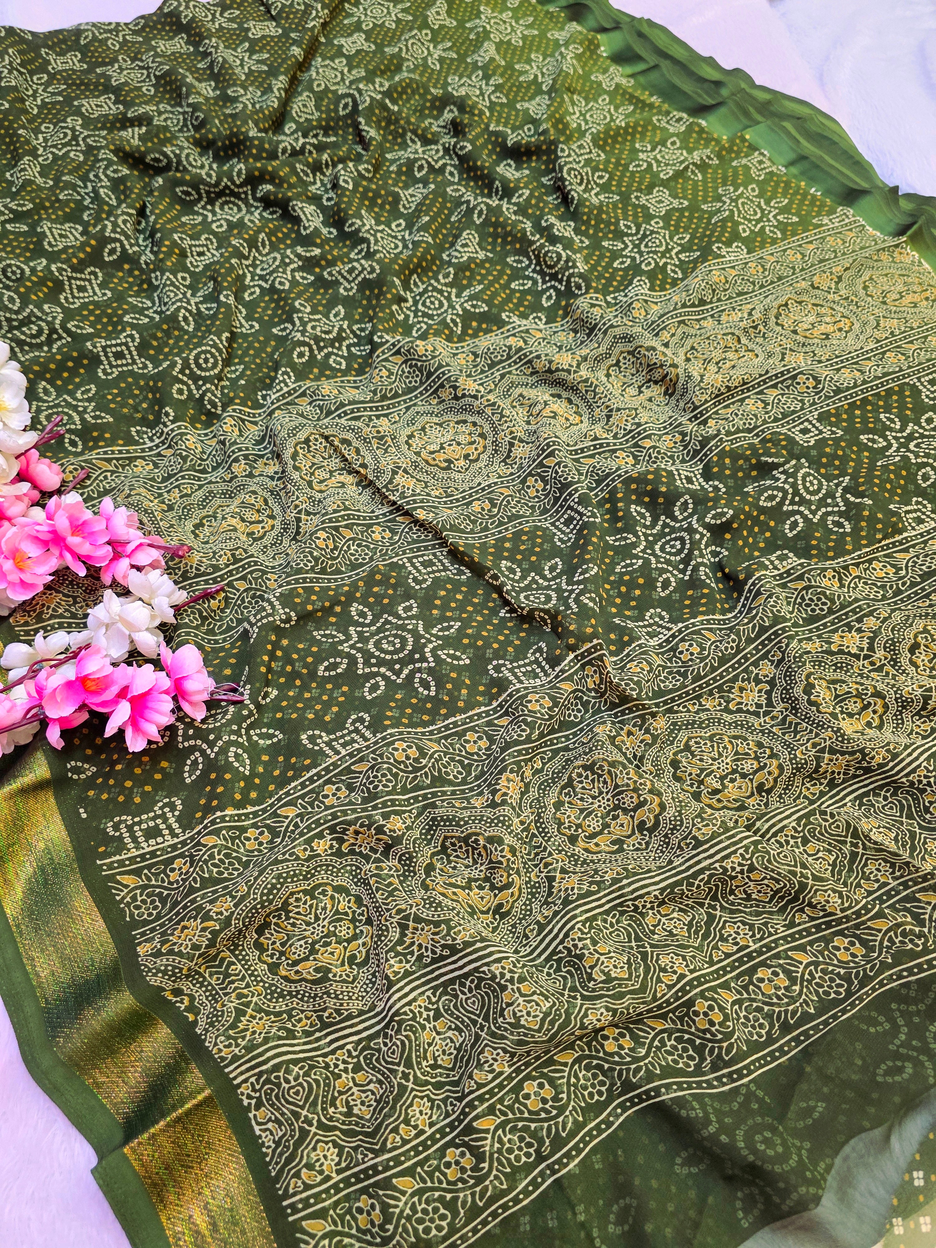 854003 Traditional Rajasthani Bandhani Saree With Zari and Satin Border - Mehandi Green