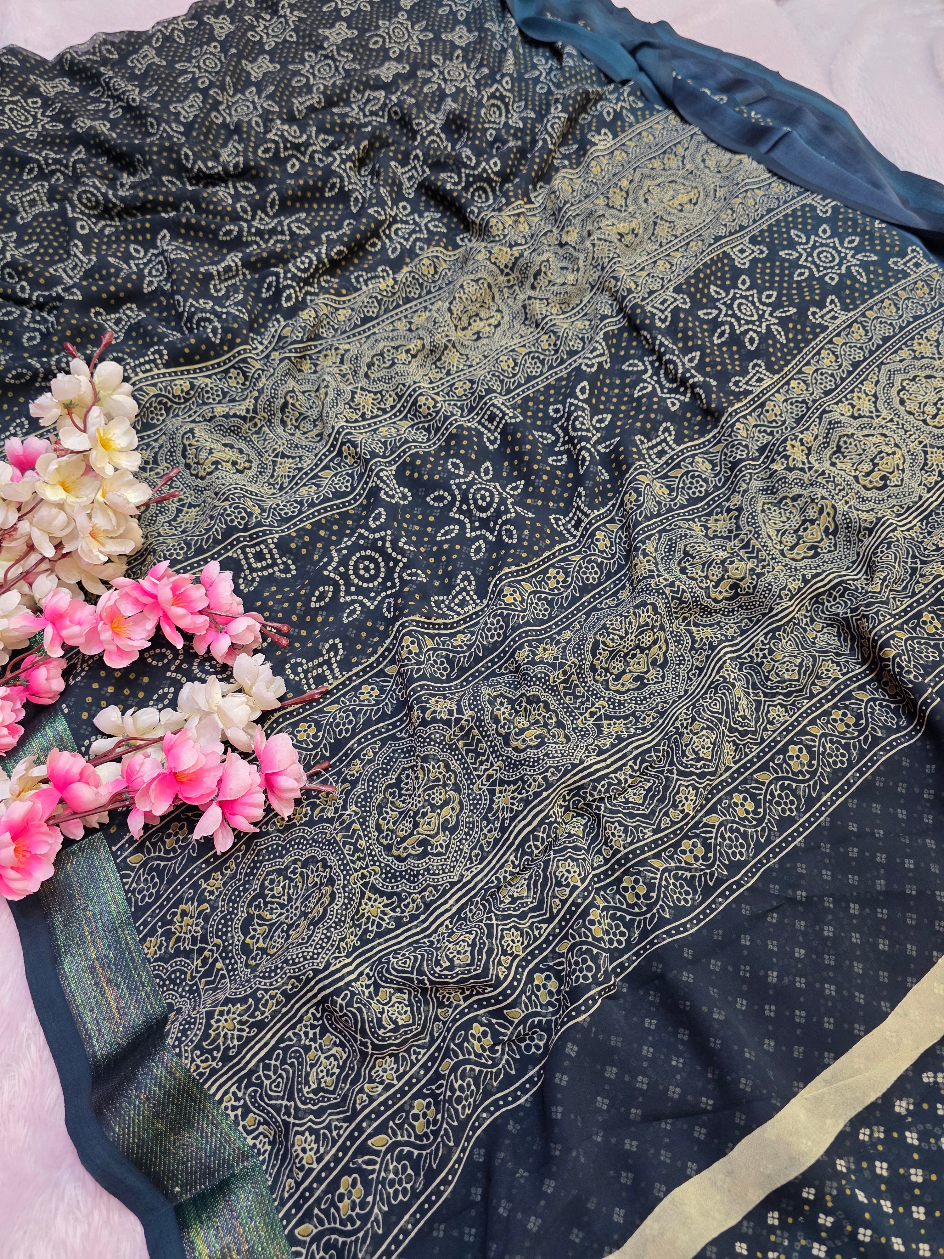 854003 Traditional Rajasthani Bandhani Saree With Zari and Satin Border - Dark Blue