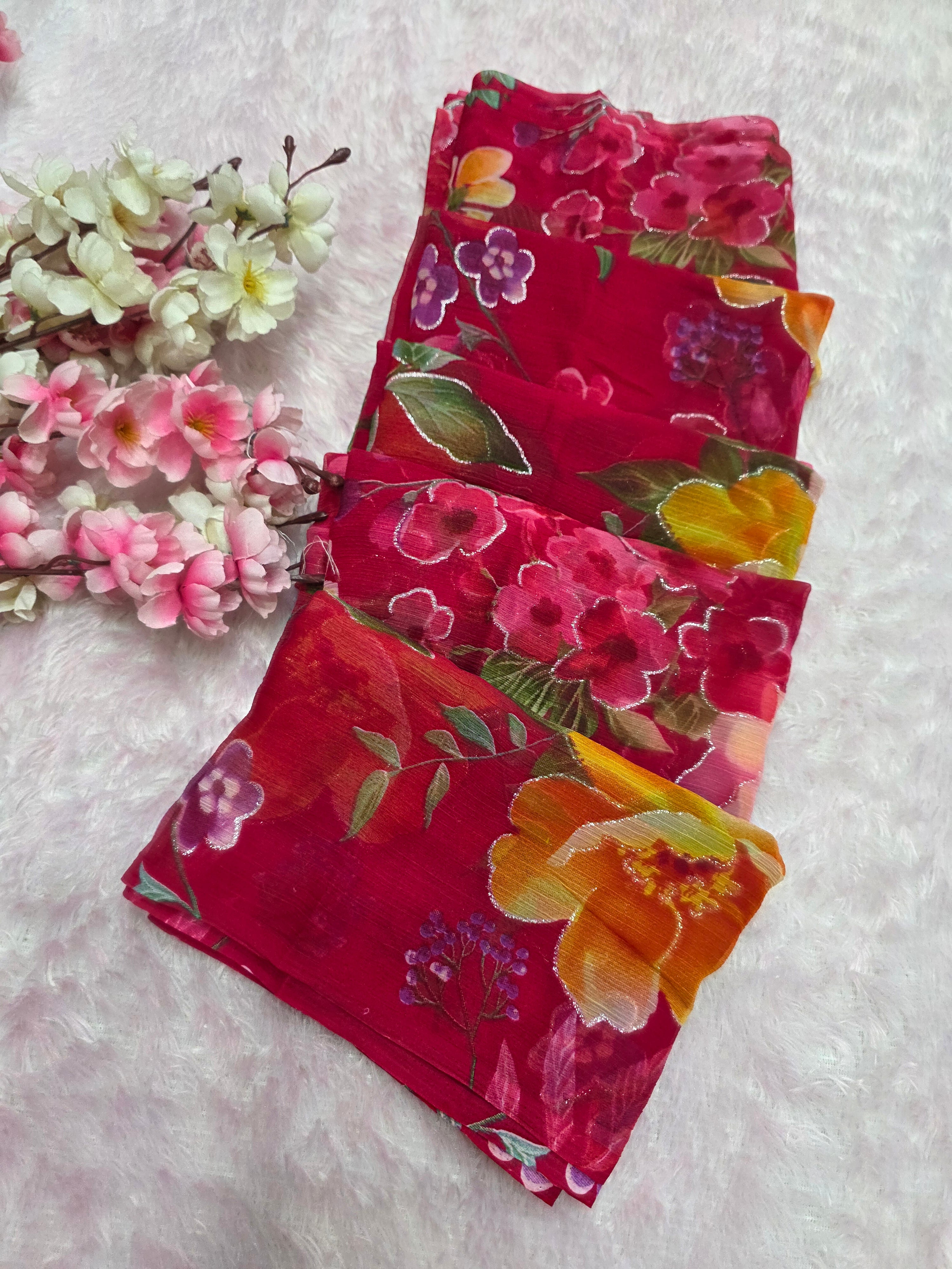 644001 एक्सक्लूसिव शिफॉन फ्लावर प्रिंट साड़ी - हरा