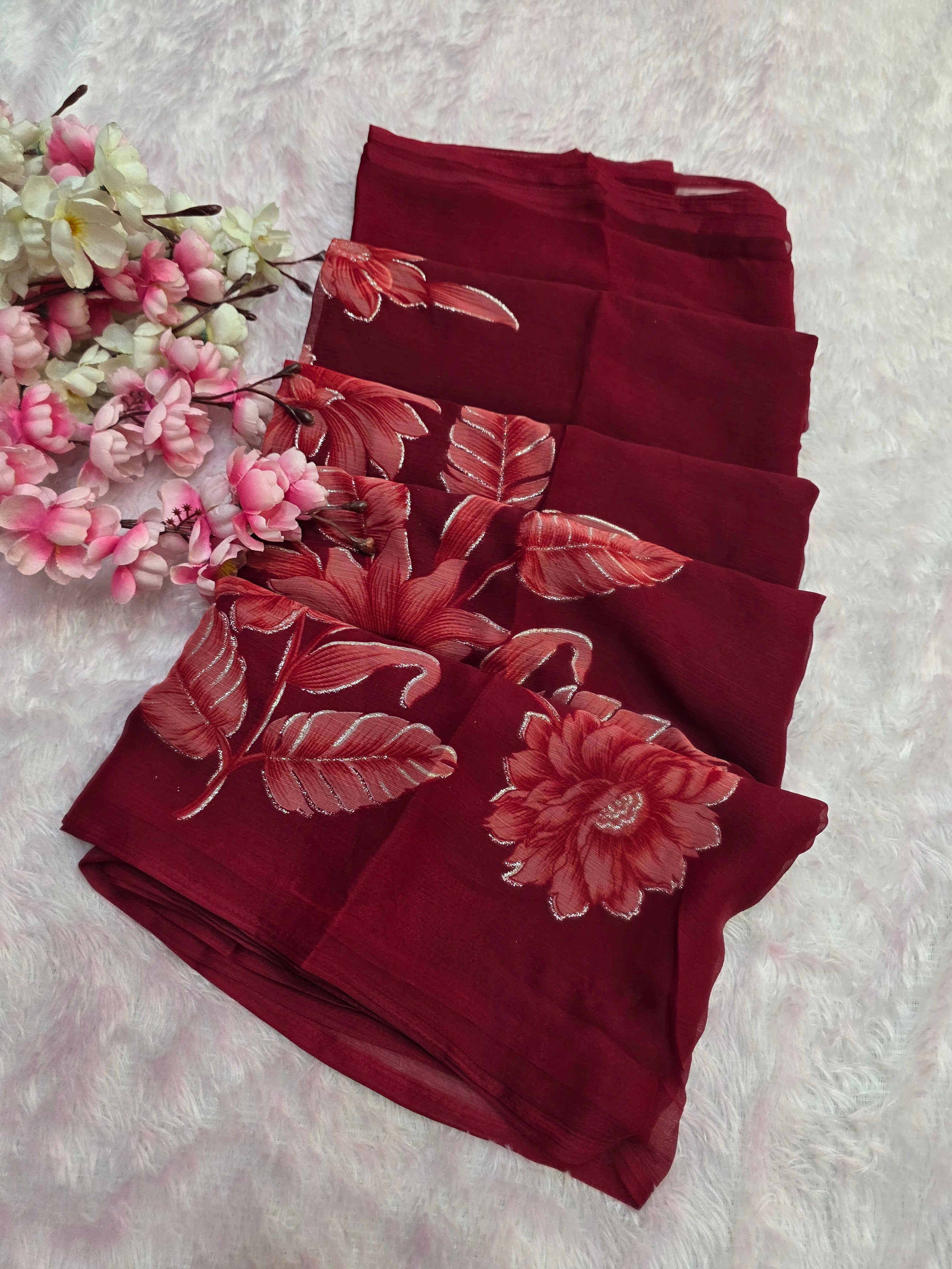 881005 Lightweight Elegant Semi Chiffon Flower Print Saree with Zari Print - Maroon