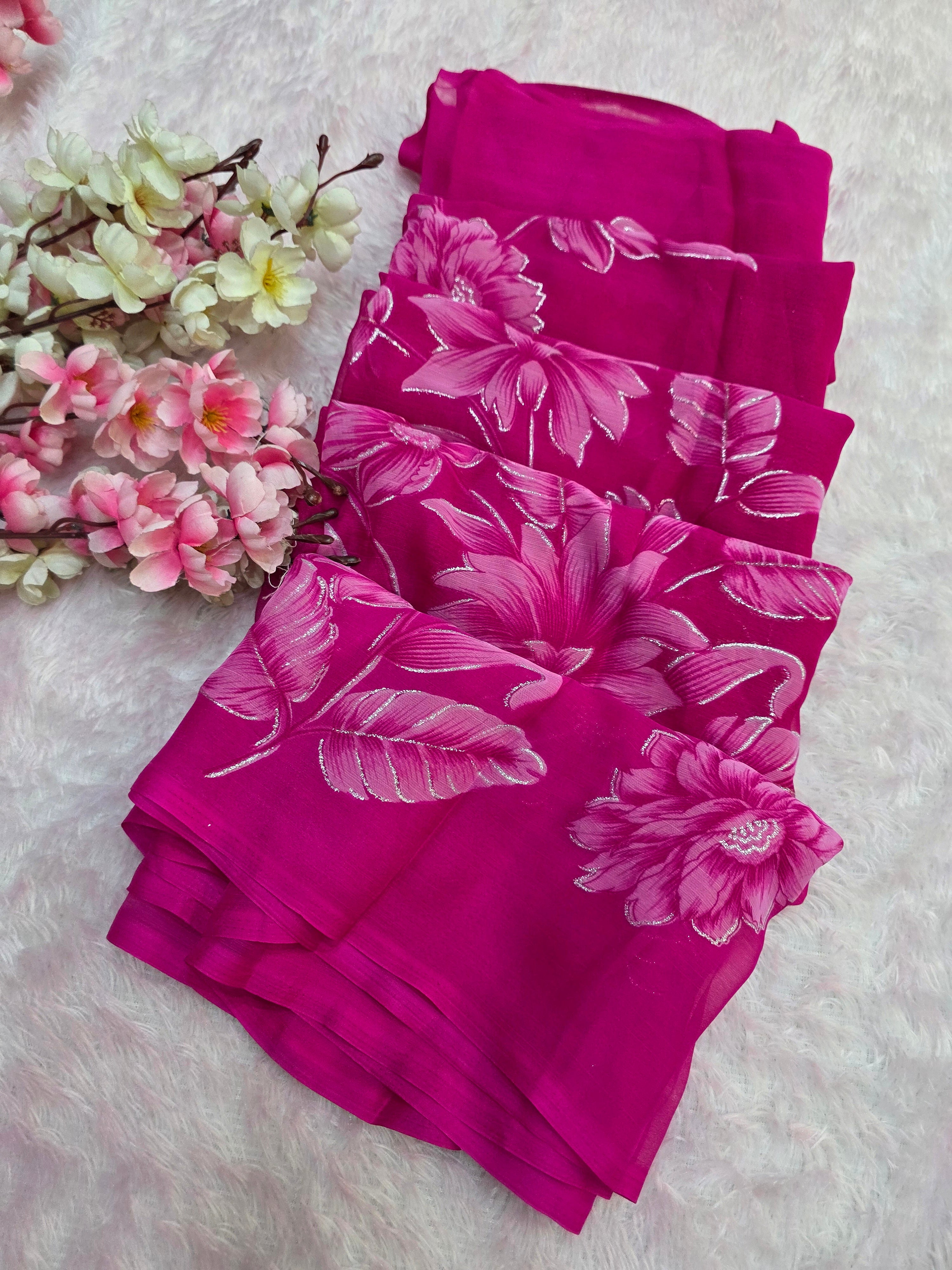 644001 एक्सक्लूसिव शिफॉन फ्लावर प्रिंट साड़ी - हरा