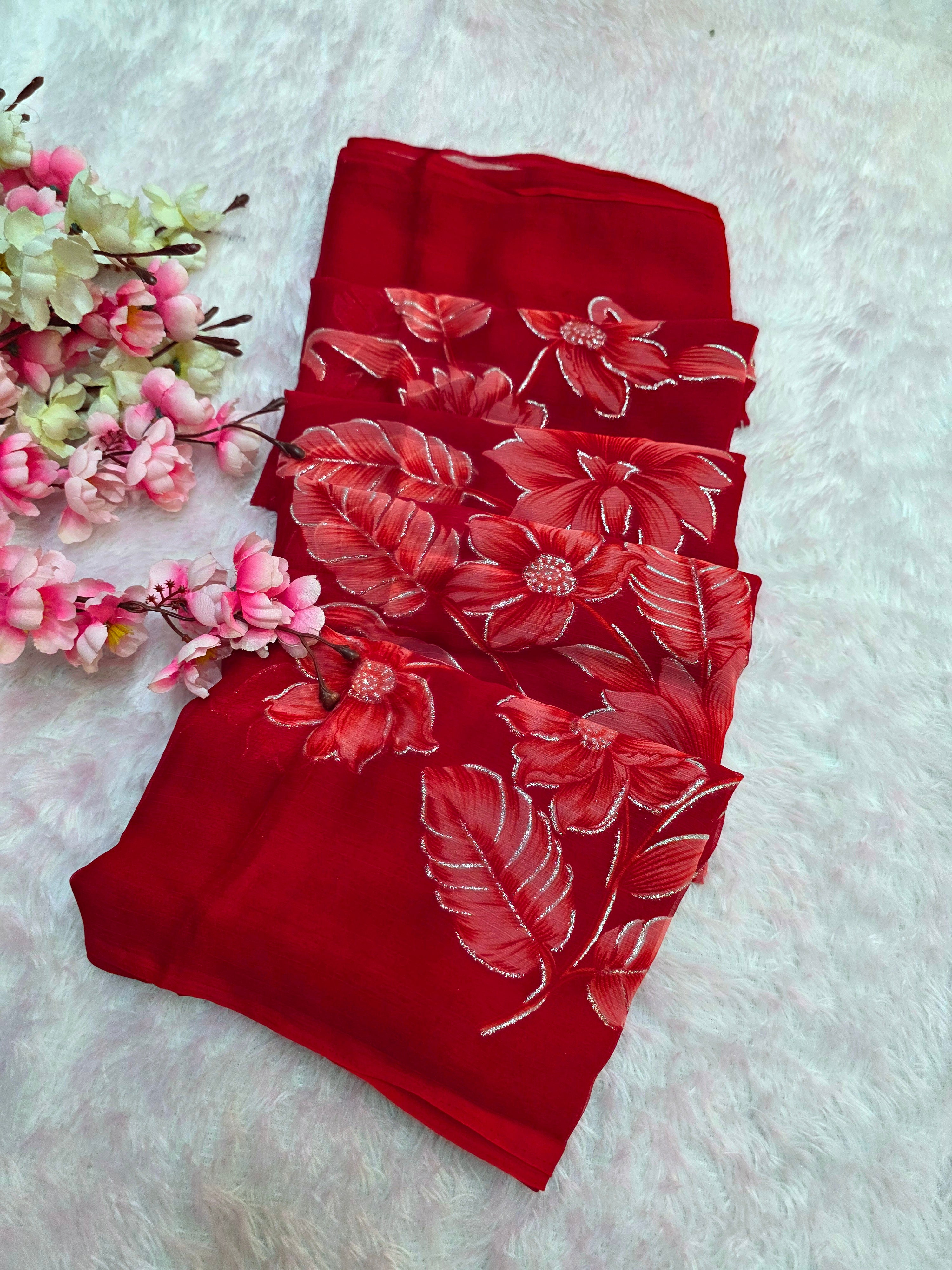 644001 एक्सक्लूसिव शिफॉन फ्लावर प्रिंट साड़ी - हरा