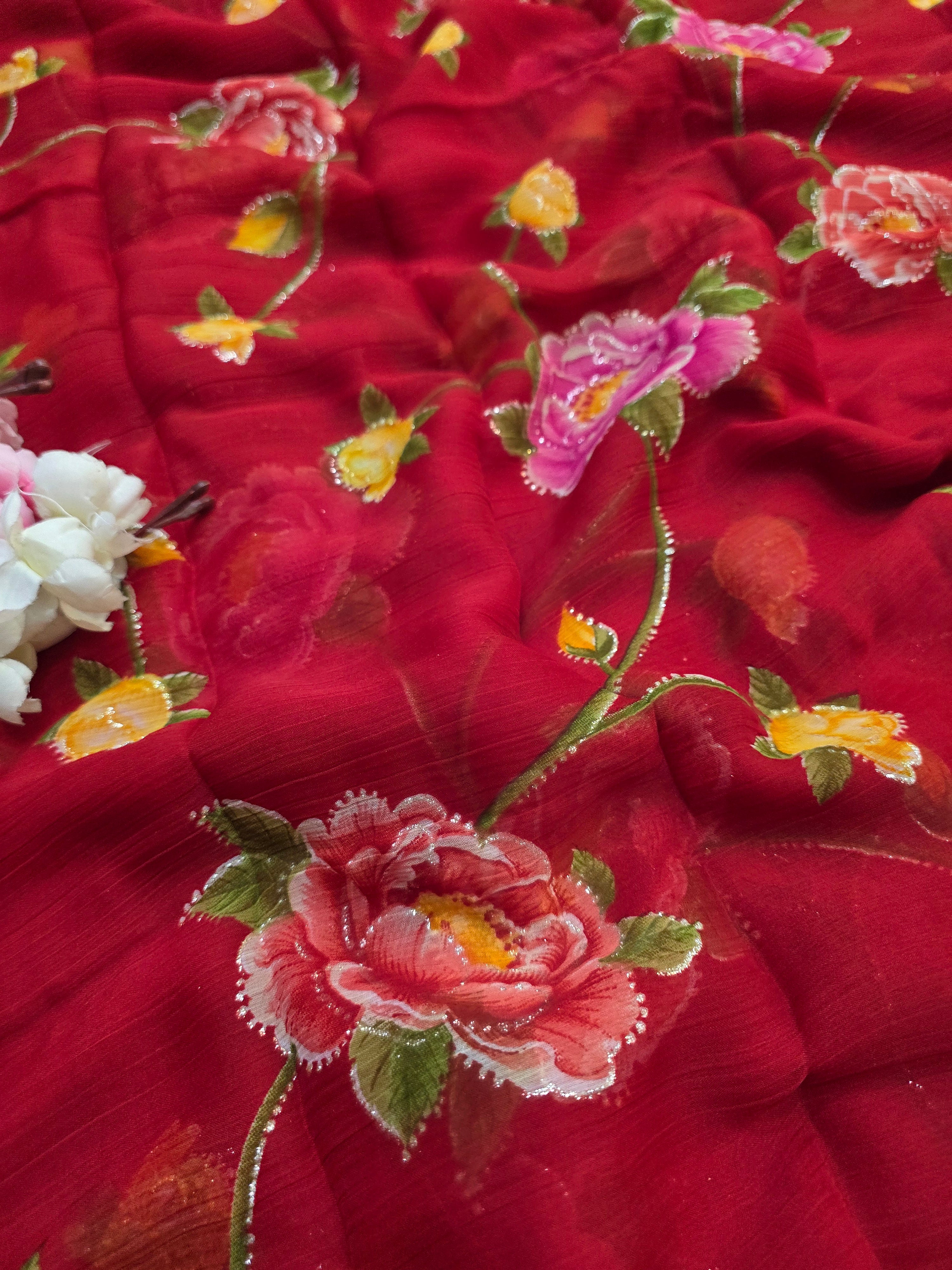 644001 एक्सक्लूसिव शिफॉन फ्लावर प्रिंट साड़ी - हरा