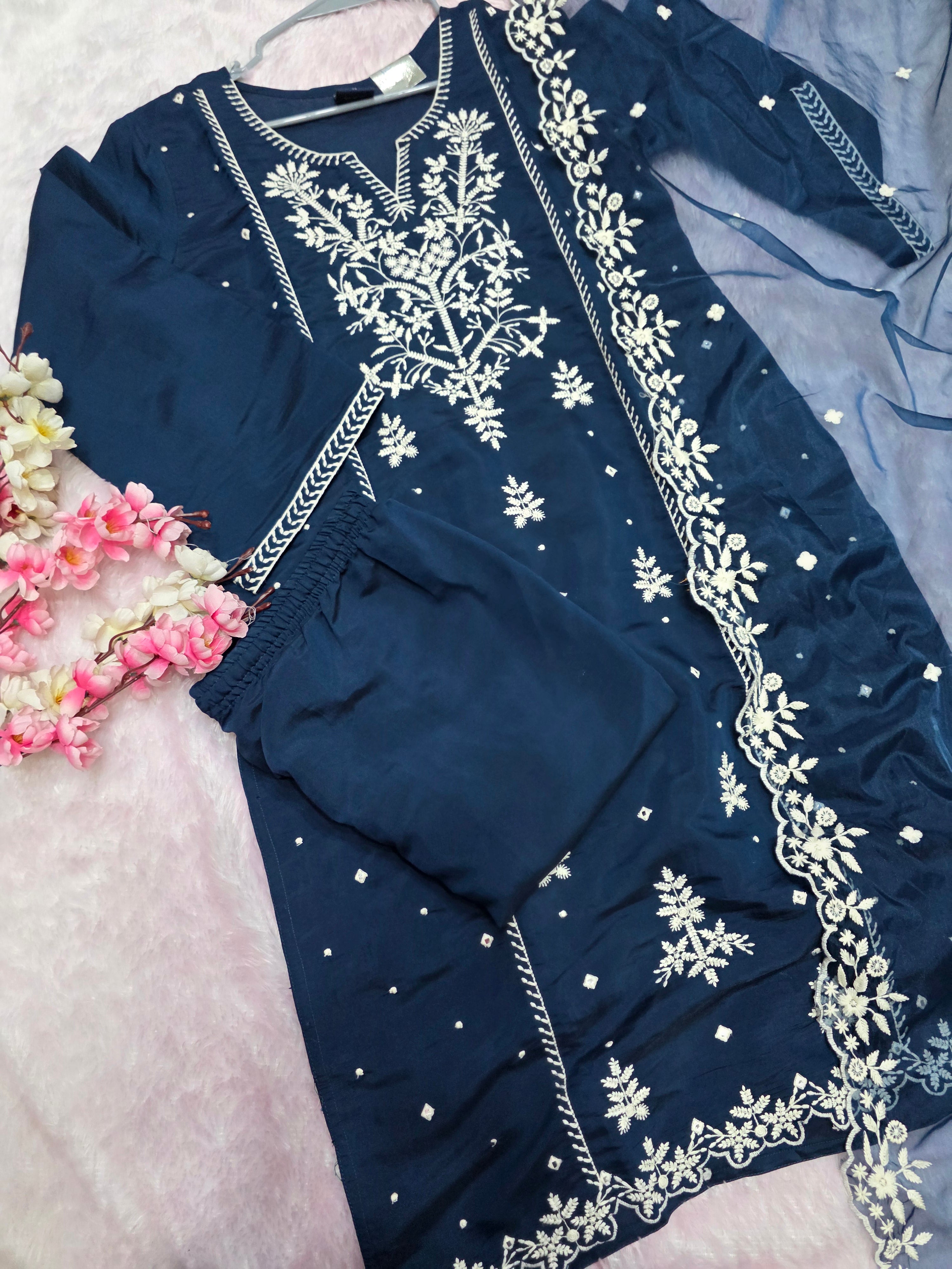 893008 Very Unique Blue Color Organza Dupatta, Pant and Kurti Set with Chikankari Work