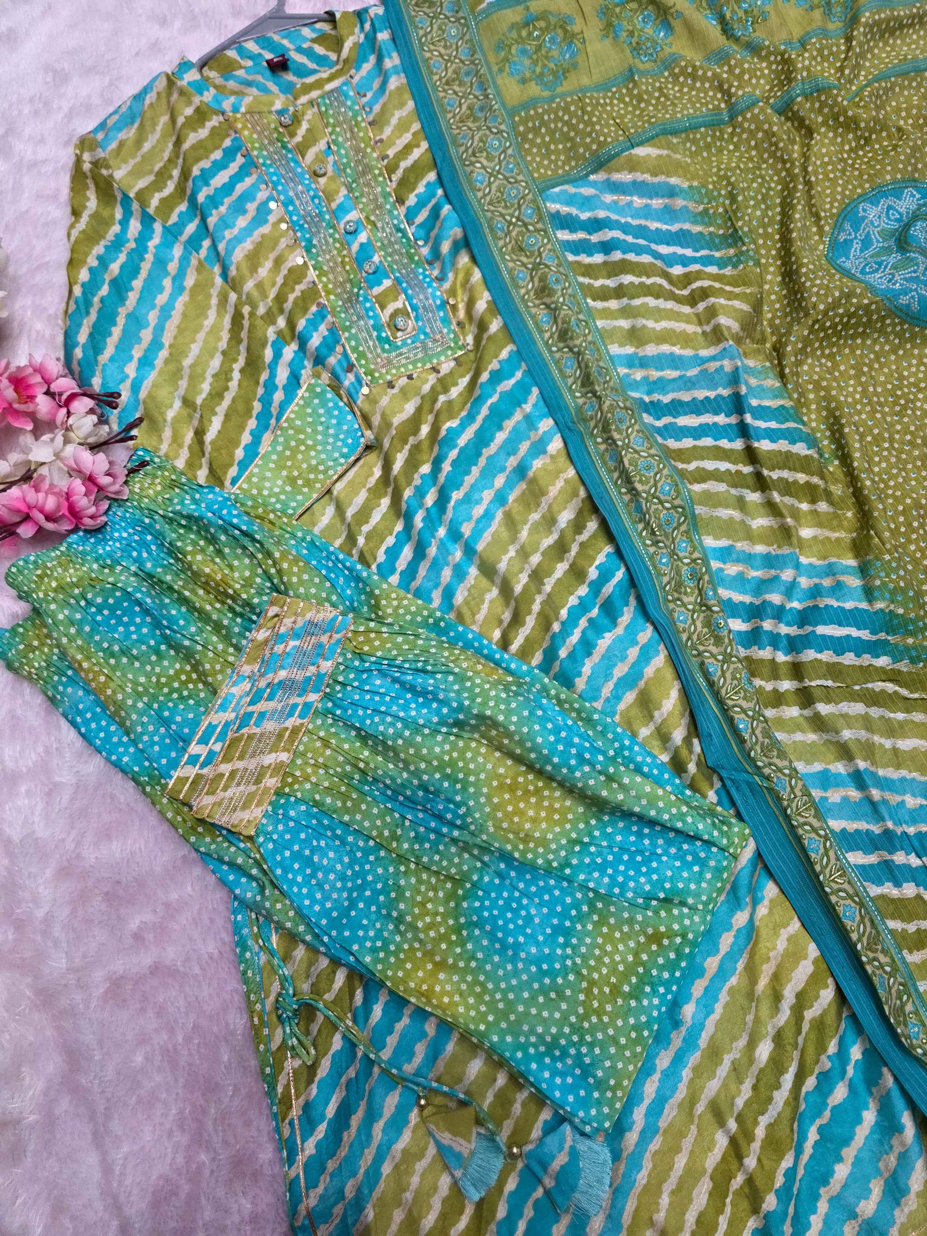 893015 Designer Lehriya Print Silk Kurti WIth Dupatta and Afghani Pant