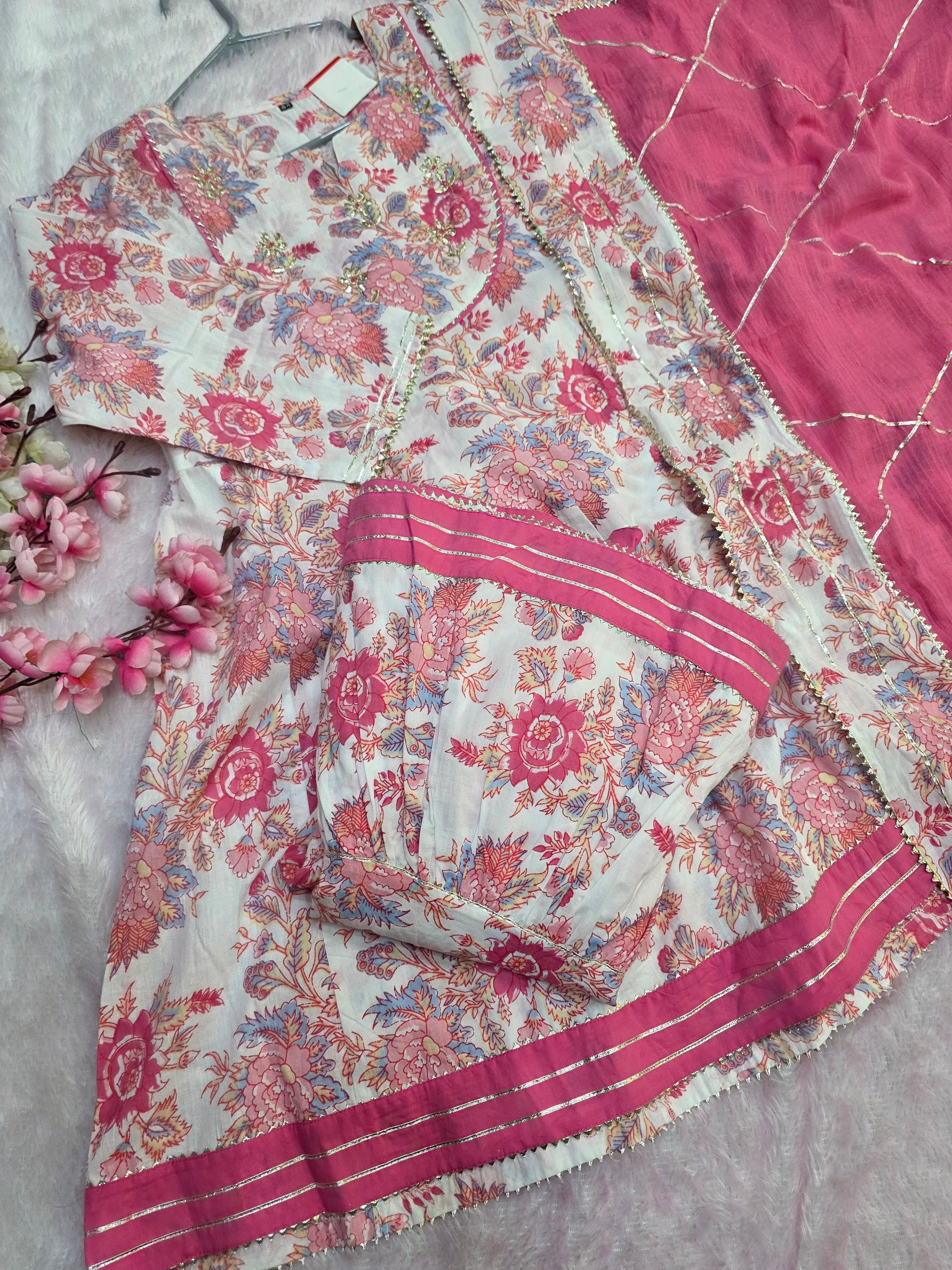 897006 Premium Malmal Cotton Peplum Kurti and Sharara Set With Gota Patti