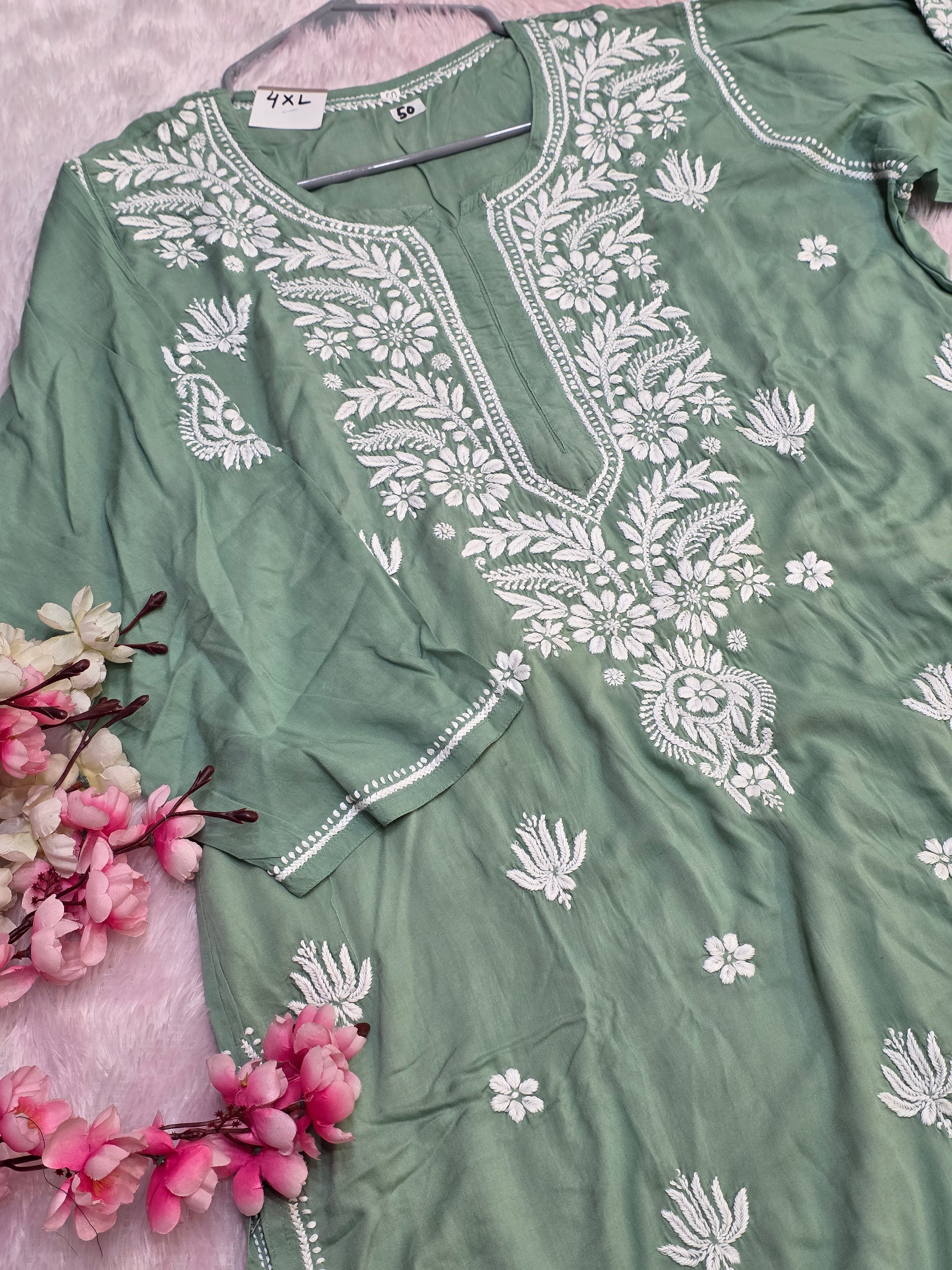 897005 Original Chikankari Pure Cotton Modal Plus Size Kurti - Green
