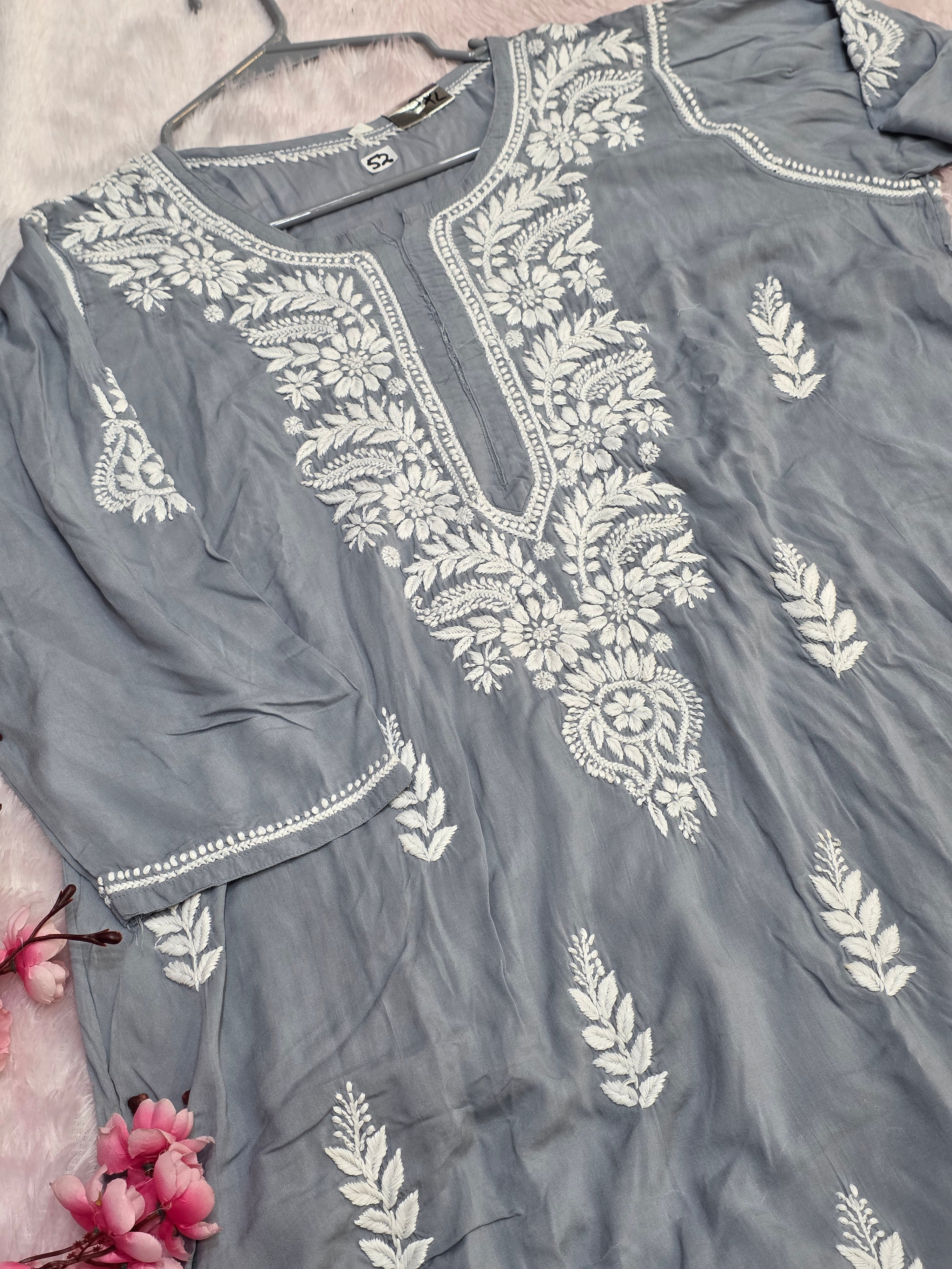 897005 Original Chikankari Pure Cotton Modal Plus Size Kurti - Gray