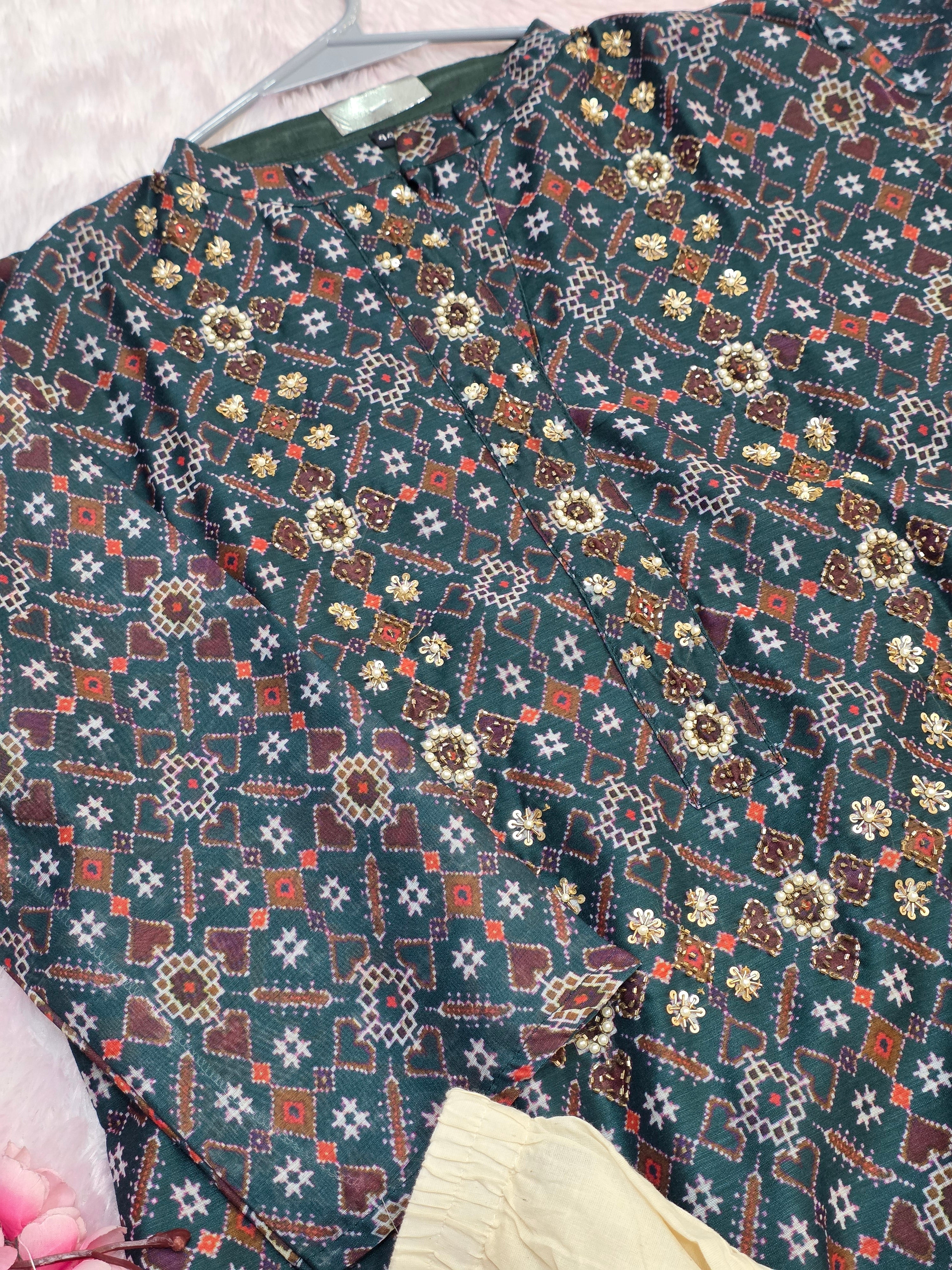 897003 Pure Chanderi Silk Patola Printed Kurti Pant Set With Hand Zardozi Work