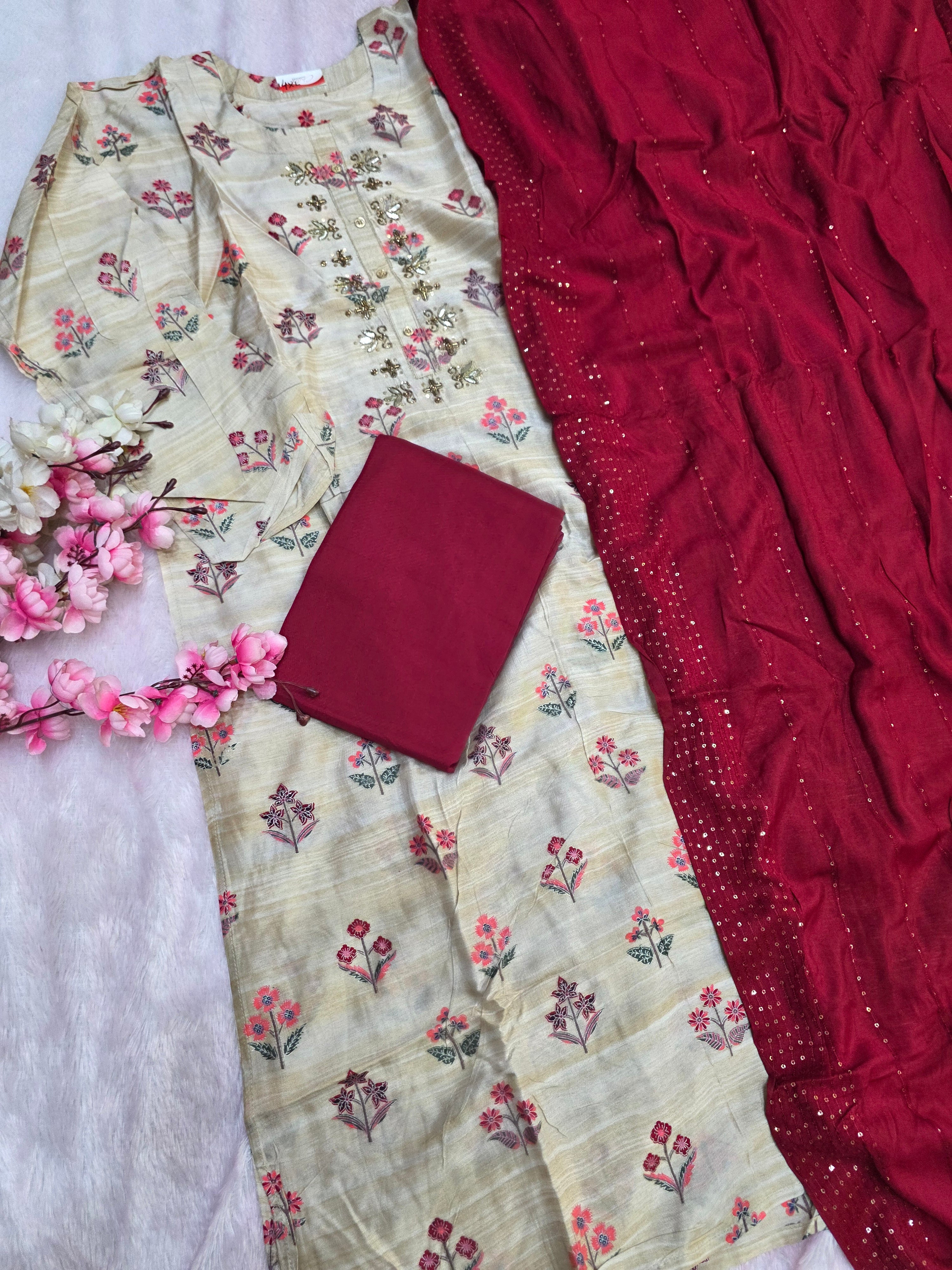 899010 Pure Chanderi Silk Printed Semi Stitched Suit With Heavy Dupatta and Bottom Fabric