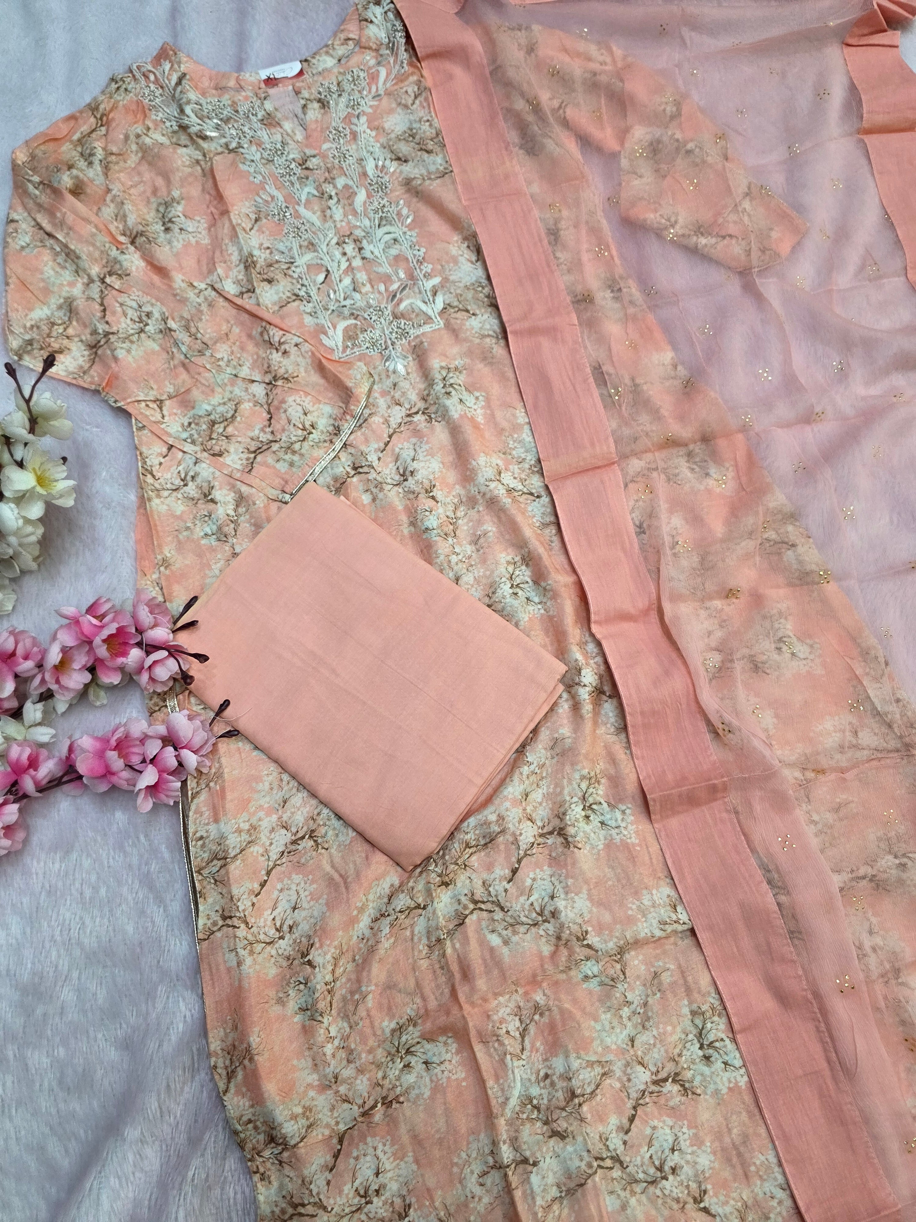 899012 Pure Maslin Silk Printed Semi Stitched Suit With Pure Chiffon Dupatta and Bottom Fabric