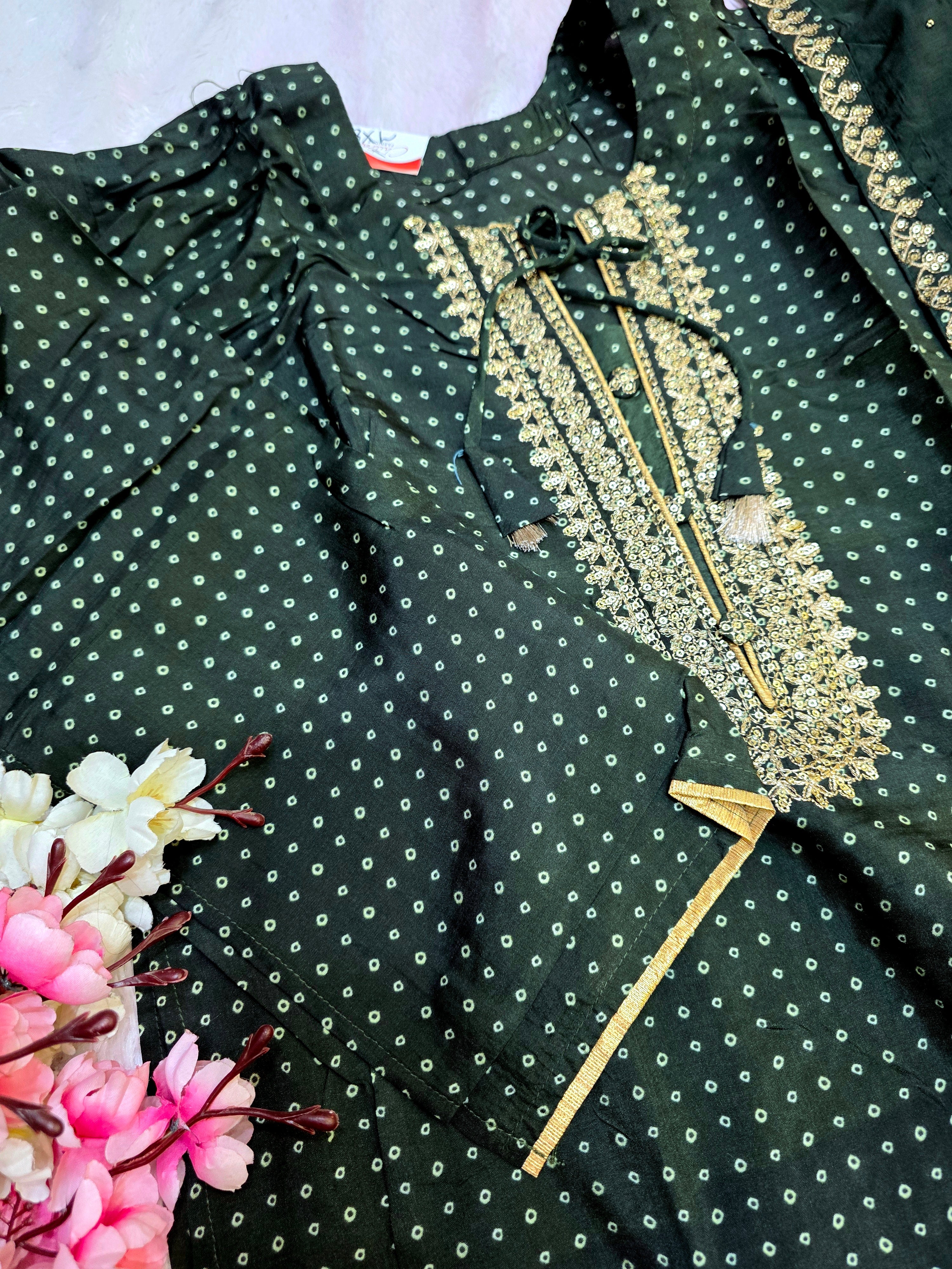 899014 Pure Soft Silk Bandhani Green Semi Stitched Suit With Work Dupatta and Bottom Fabric (Copy)