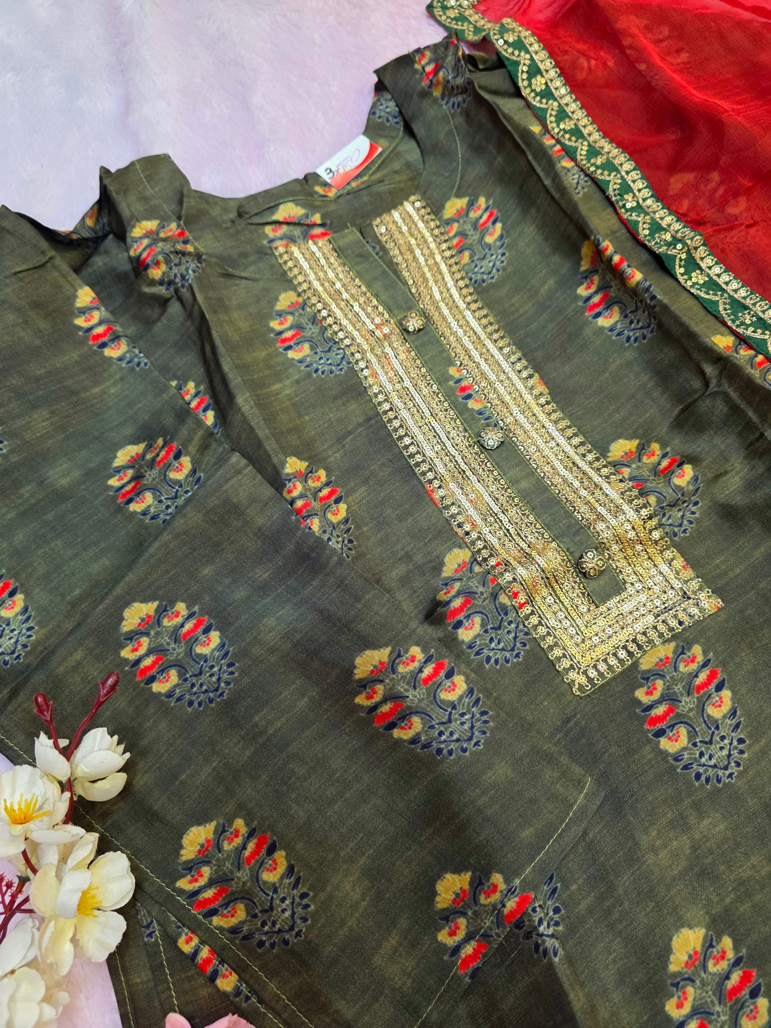 899004 Pure Art Silk Printed Semi Stitched Suit With Heavy Chiffon Dupatta and Bottom Fabric