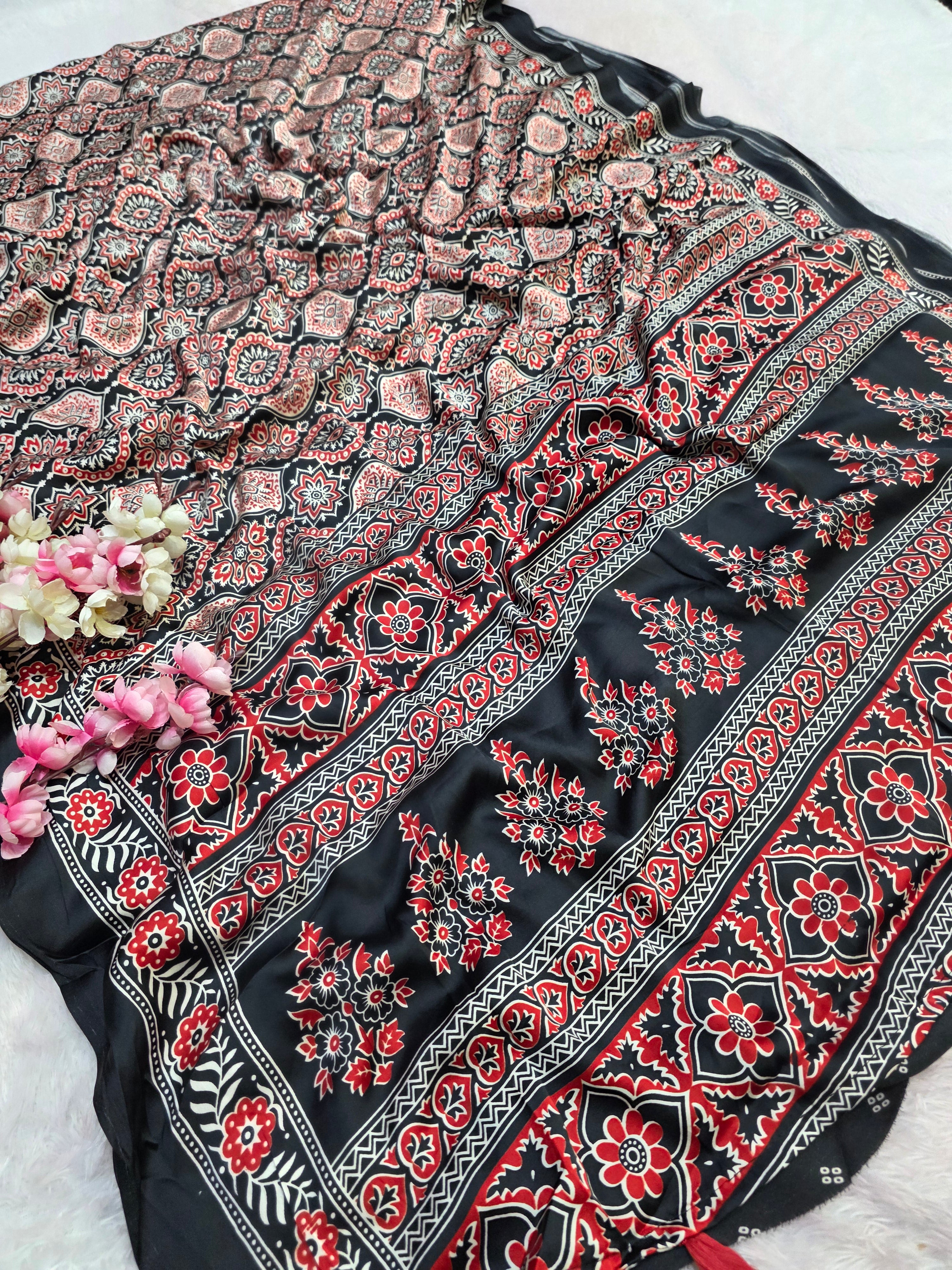 918005 Traditional Ajrakh Print Satin Silk Saree - Black