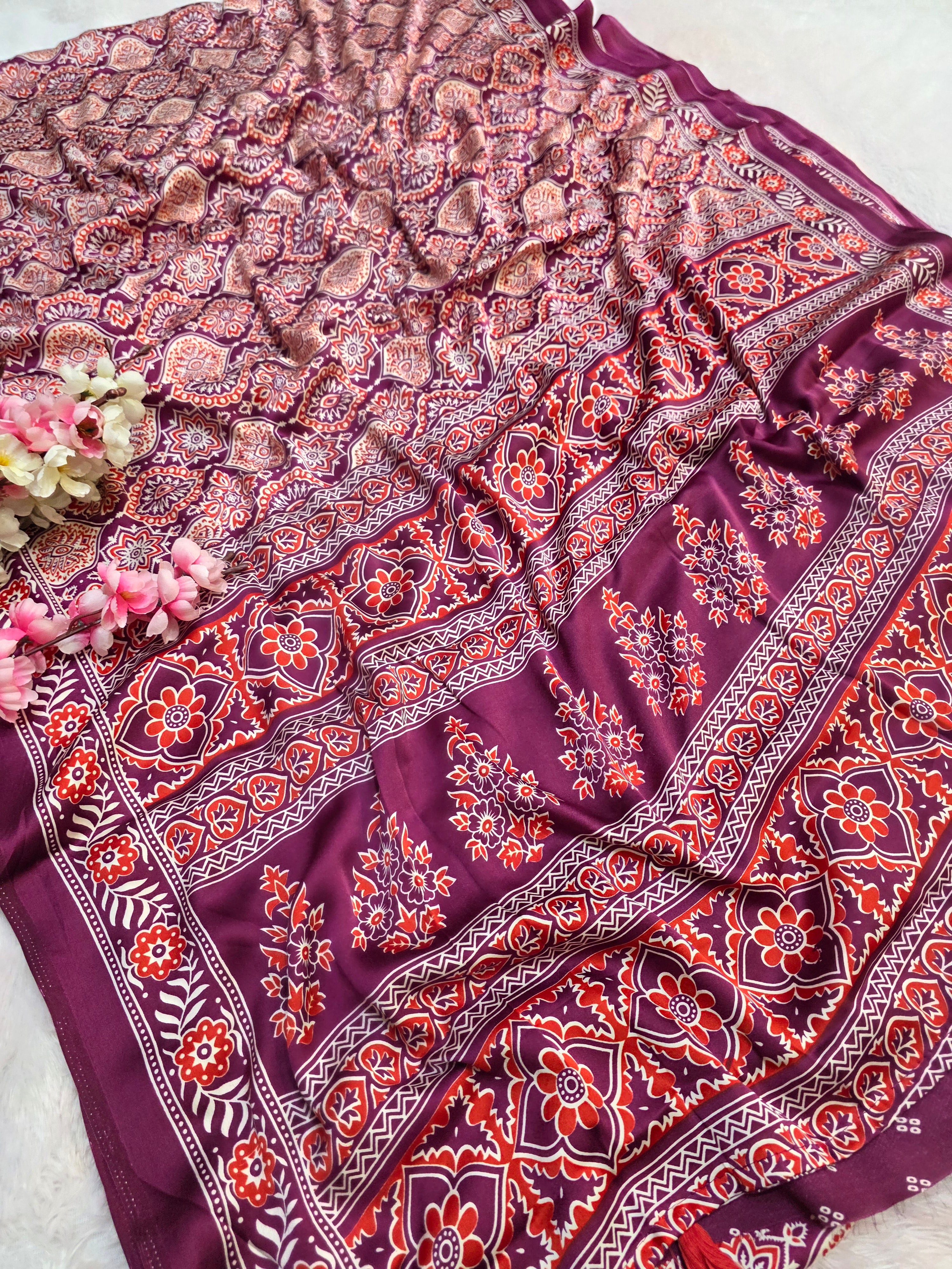 918005 Traditional Ajrakh Print Satin Silk Saree - Wine