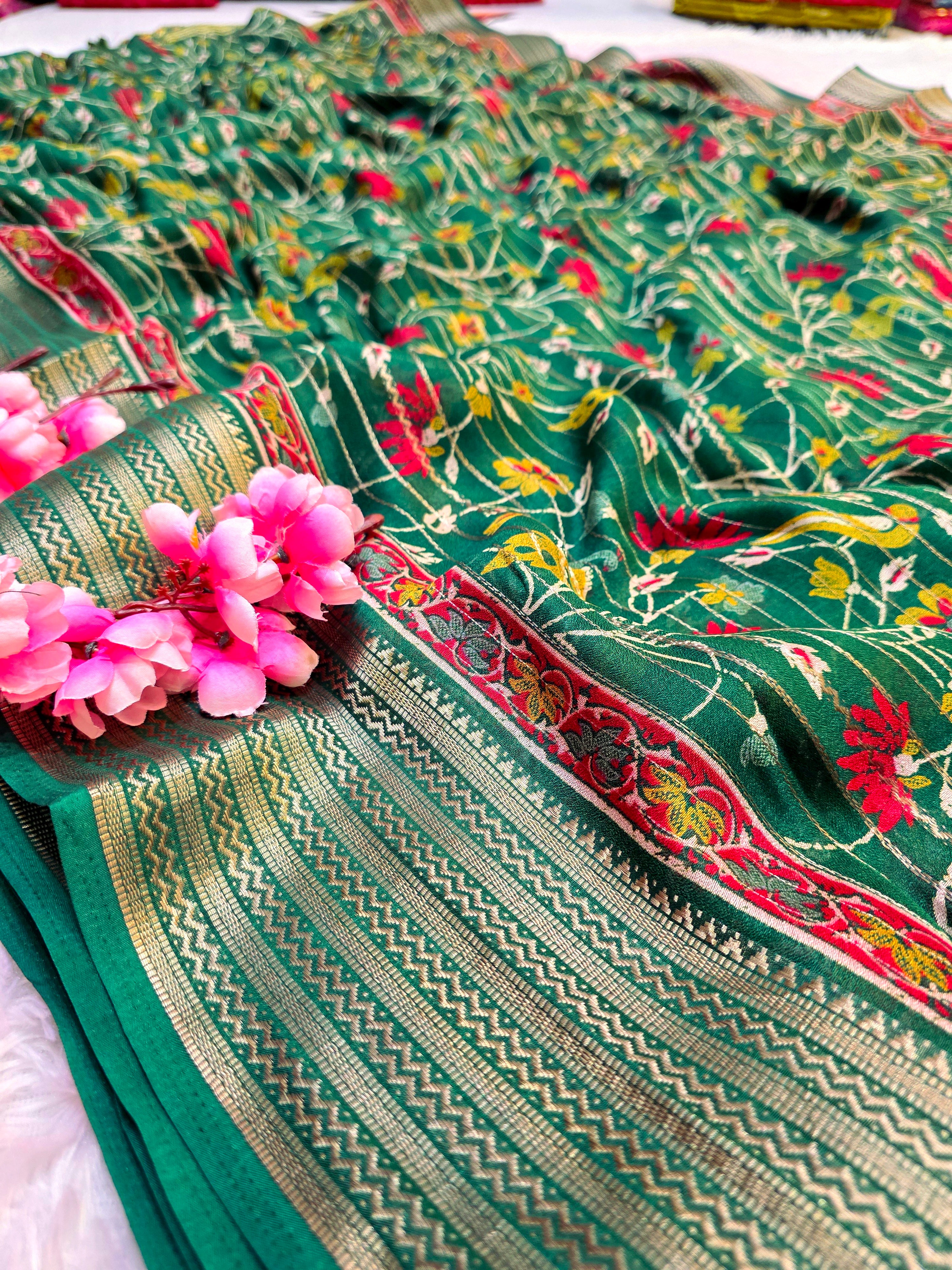 918004 Designer Georgette Silk Flower Printed Saree with Zari Weaving Border - Green