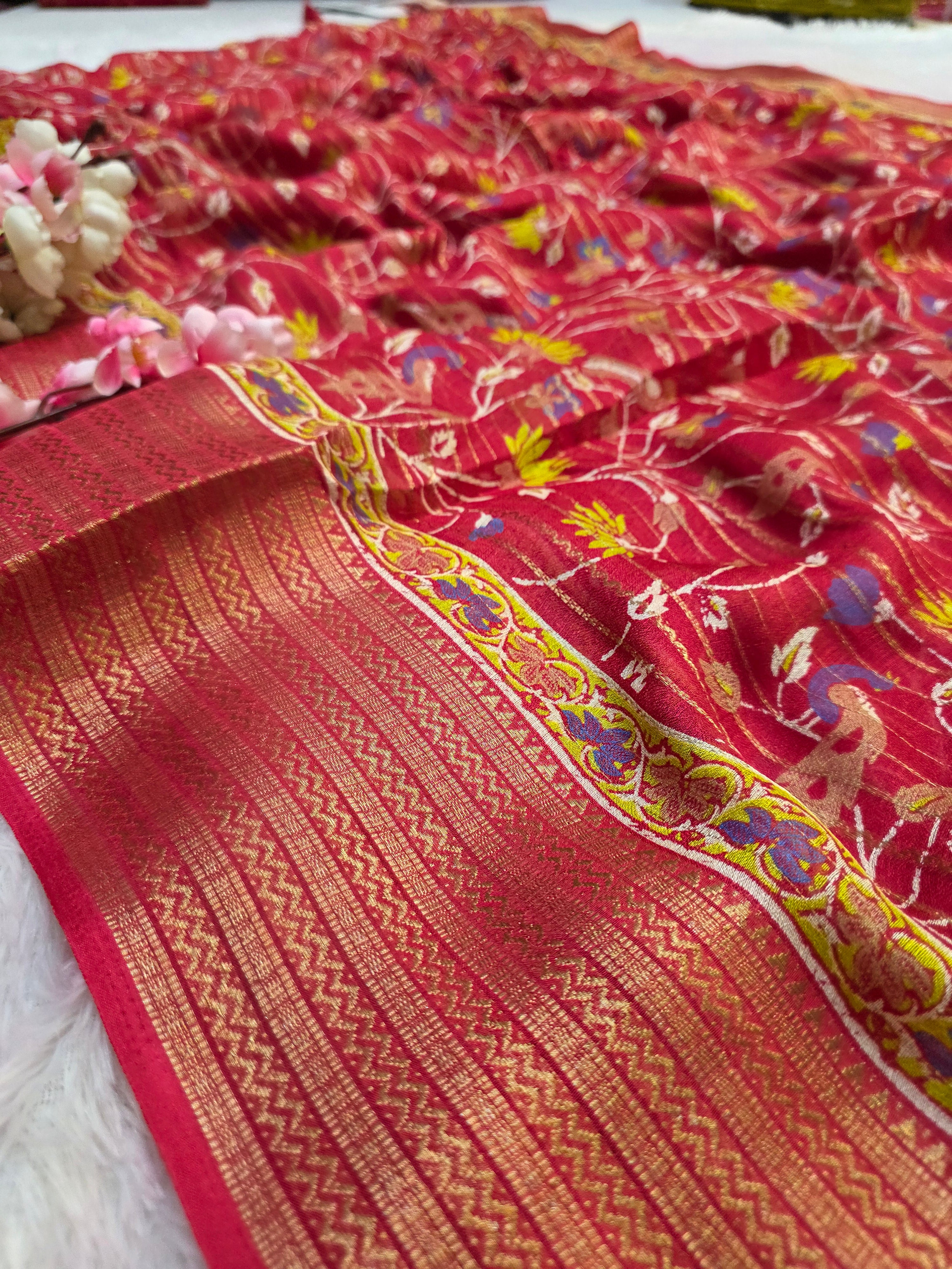 918004 Designer Georgette Silk Flower Printed Saree with Zari Weaving Border - Red