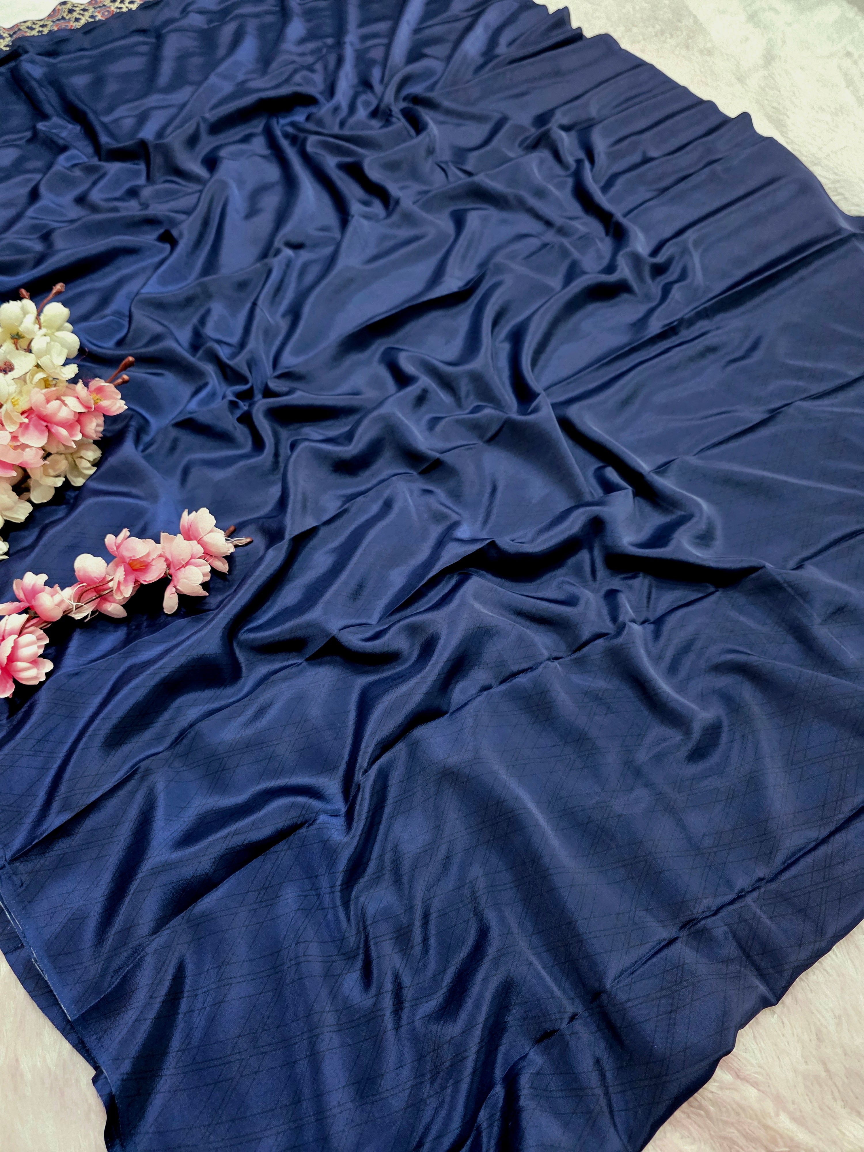 937002 Traditional Ajrakh Print Satin Silk Saree - Blue