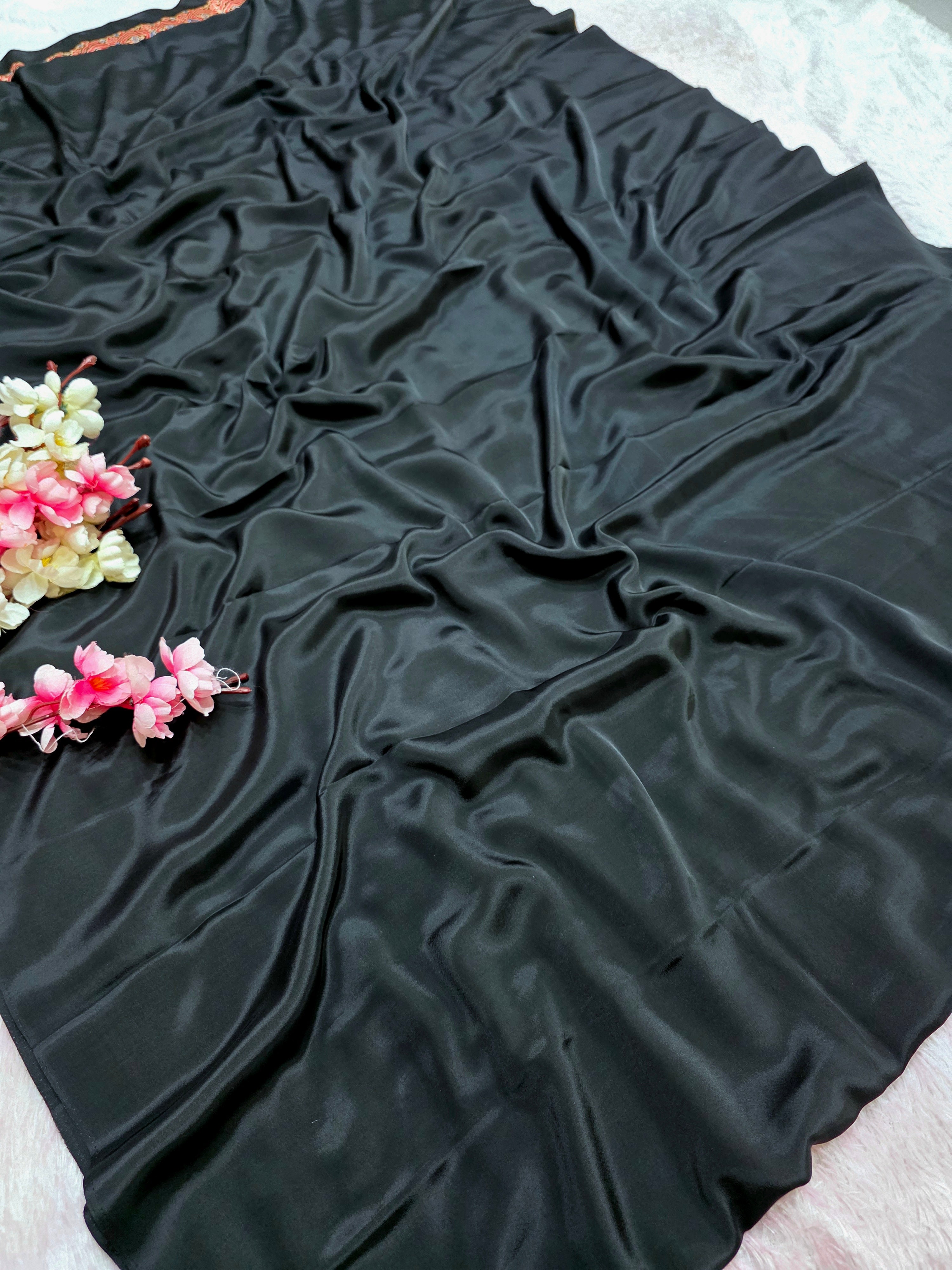 937002 Traditional Ajrakh Print Satin Silk Saree - Black