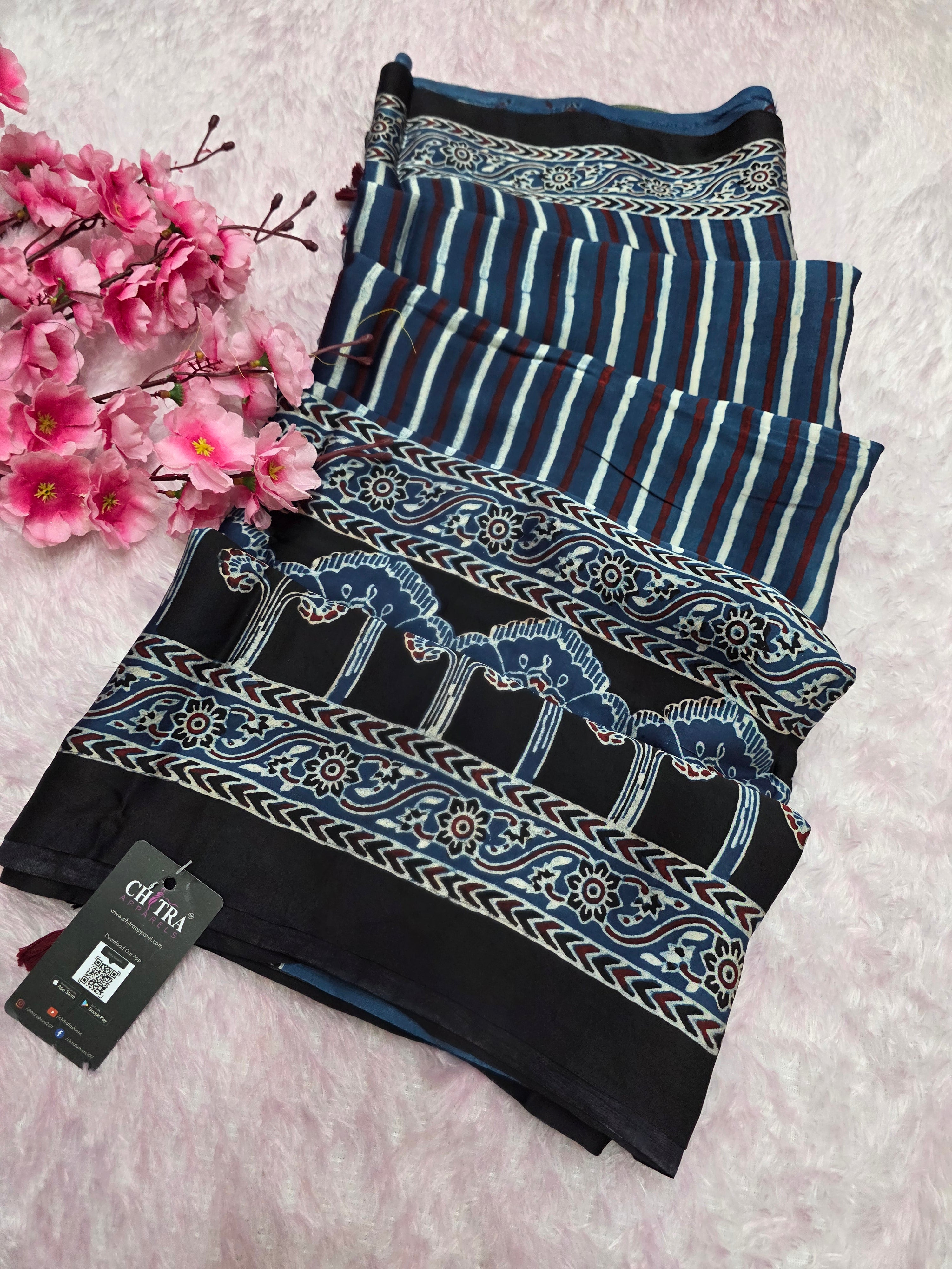 941001 Authentic Ajrakh Print Pure Modal Silk Saree With Zari Pallu