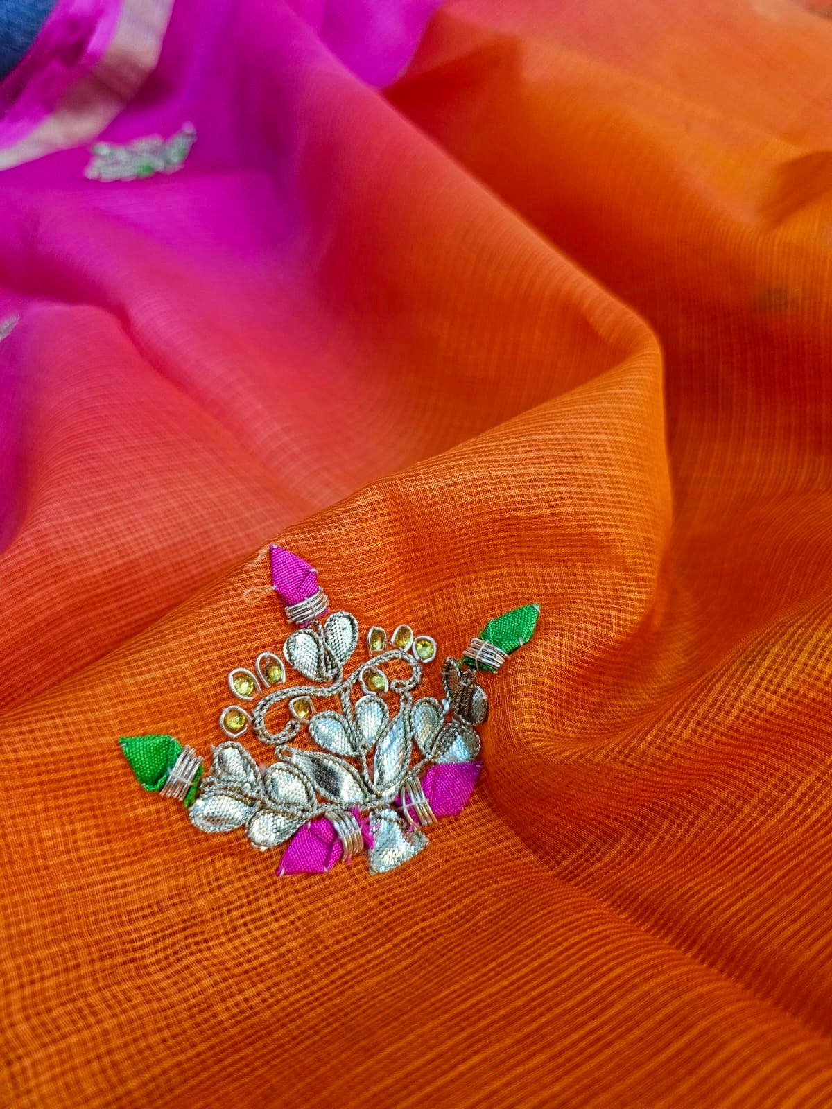 738001 Pure Kota Doria Silk Shaded Saree with Gota Patti Work