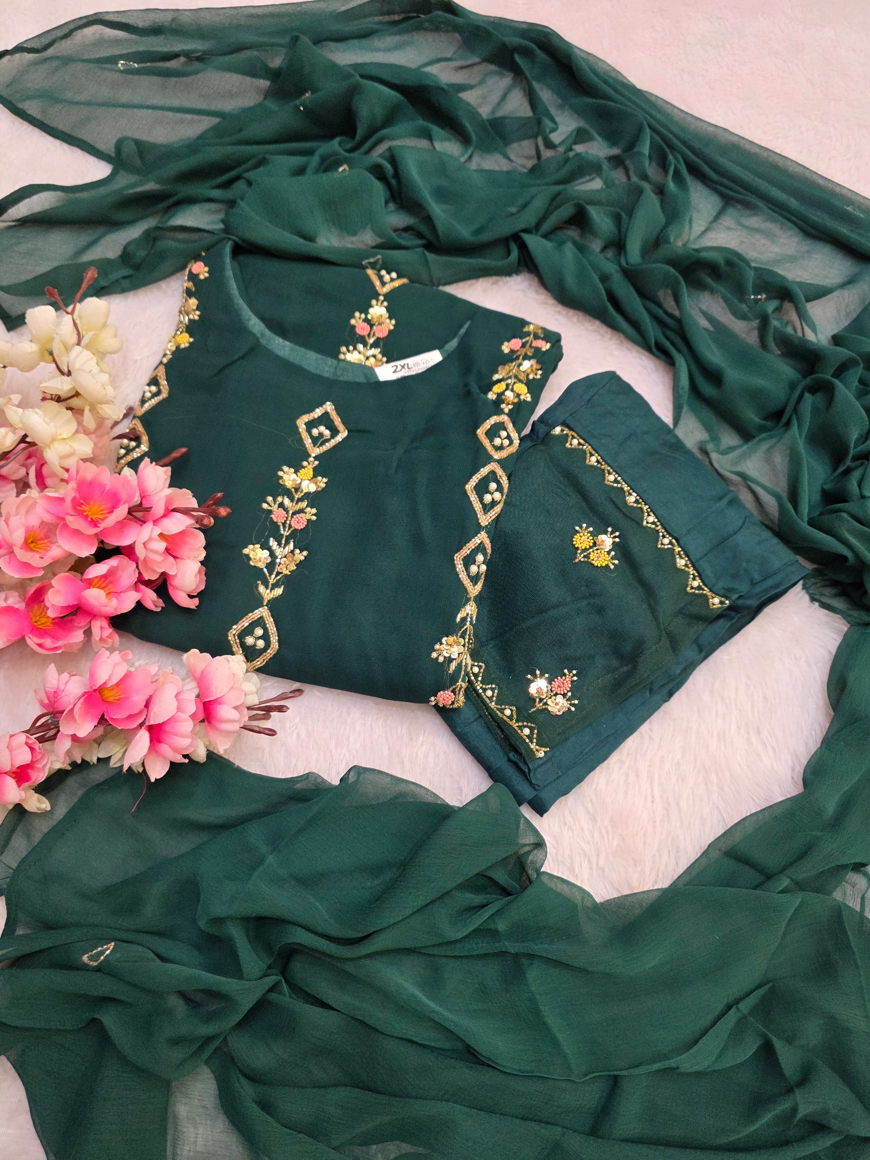 862004 Designer Green Georgette Kurti With Pant and Dupatta