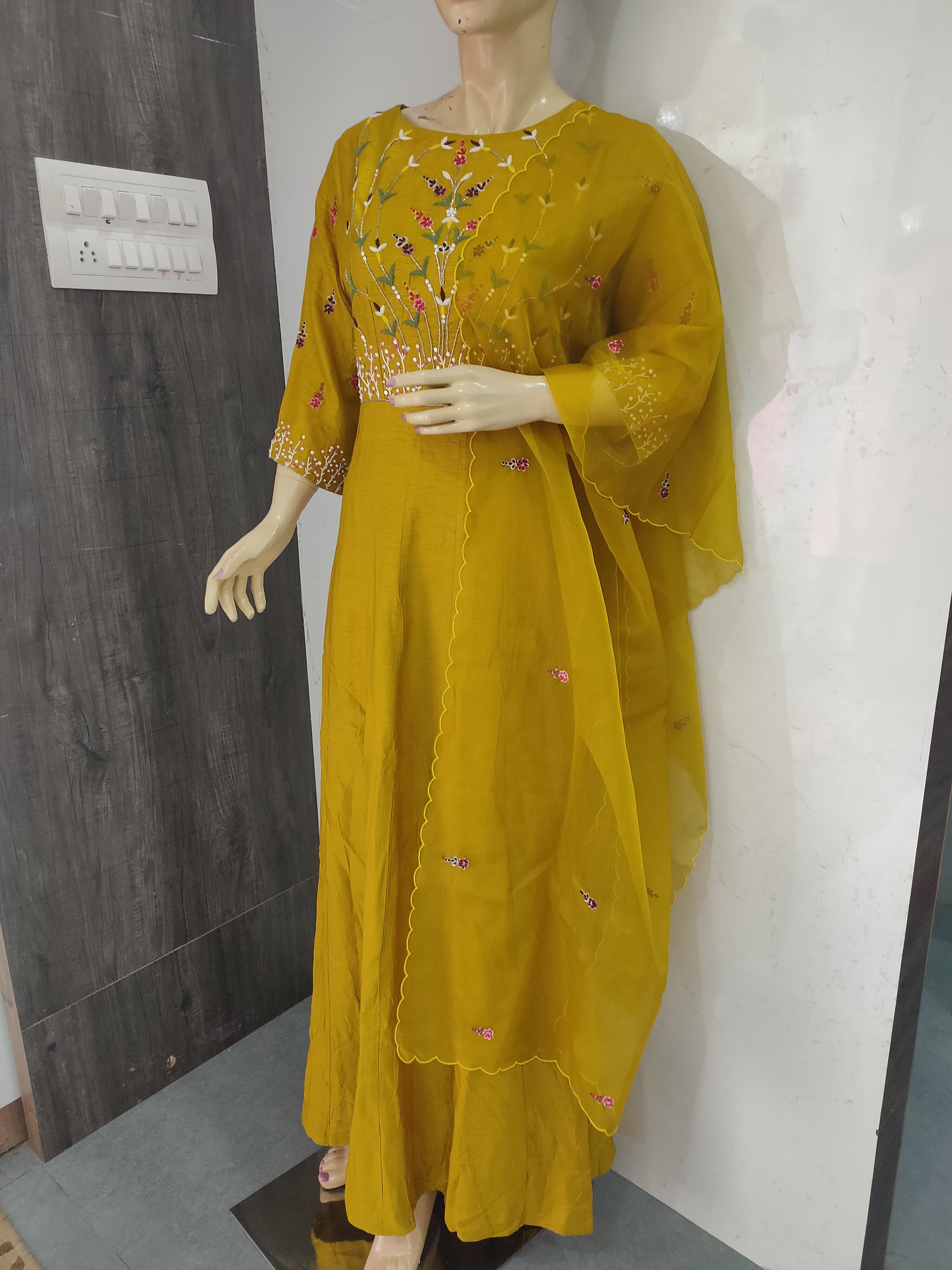 104004 Designer Dola Silk Long Kurti With Dupatta - Mustard