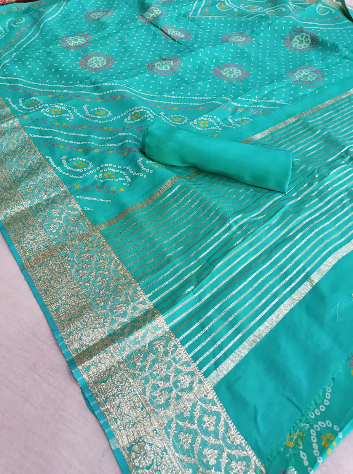 347005 Bandhani Saree With Banarasi Zari Weaving Work - Firozi