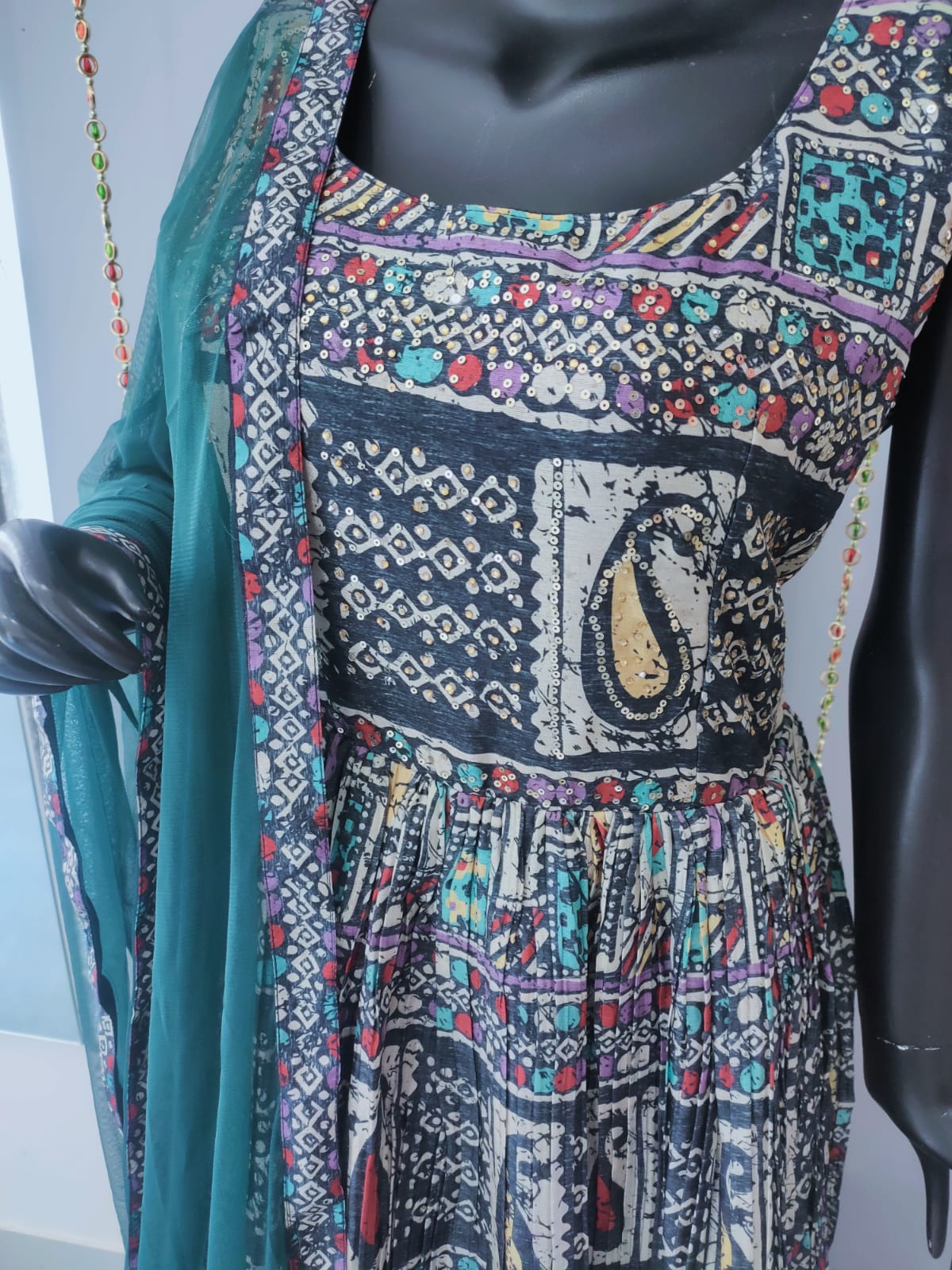 118005 Printed Silk Black Gown With Sequence Work