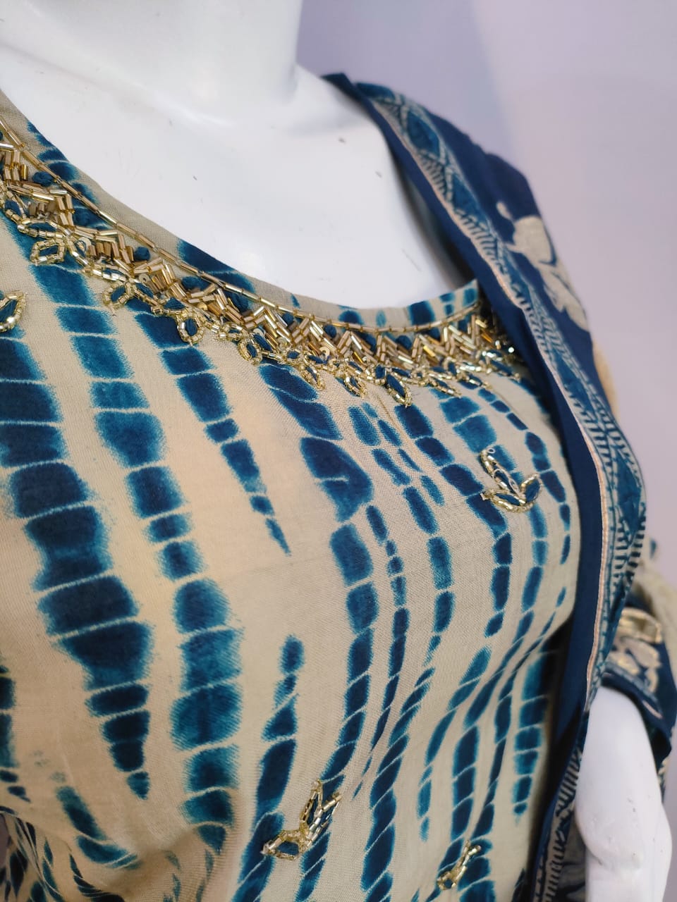 149001 Hand Embroidered Cutdana Work Shibori Print Straight Fit Kurta With Pant And Dupatta